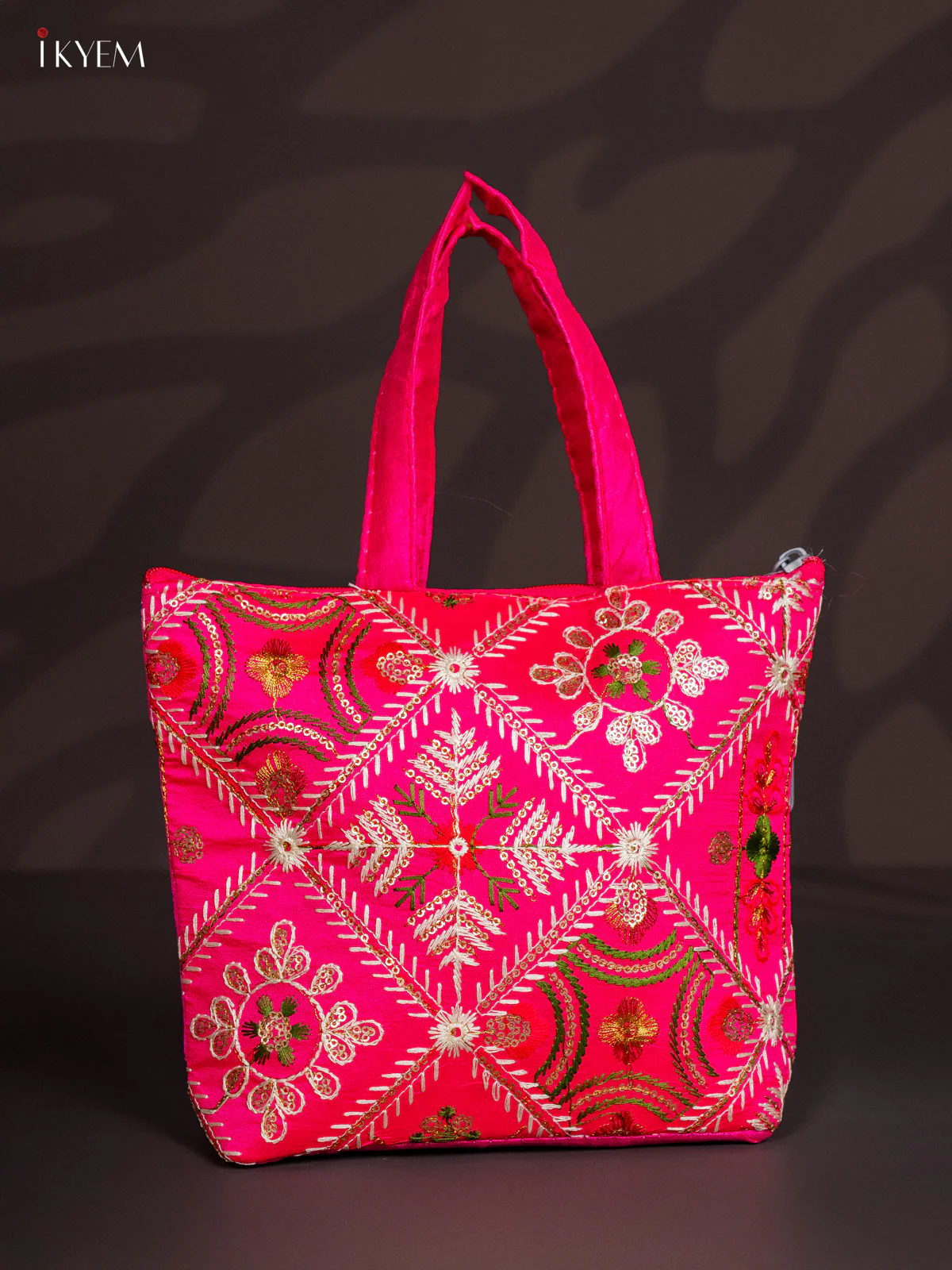 Pink Designer Floral Embroidered Handbag - 8.5 Inch - KJ04116