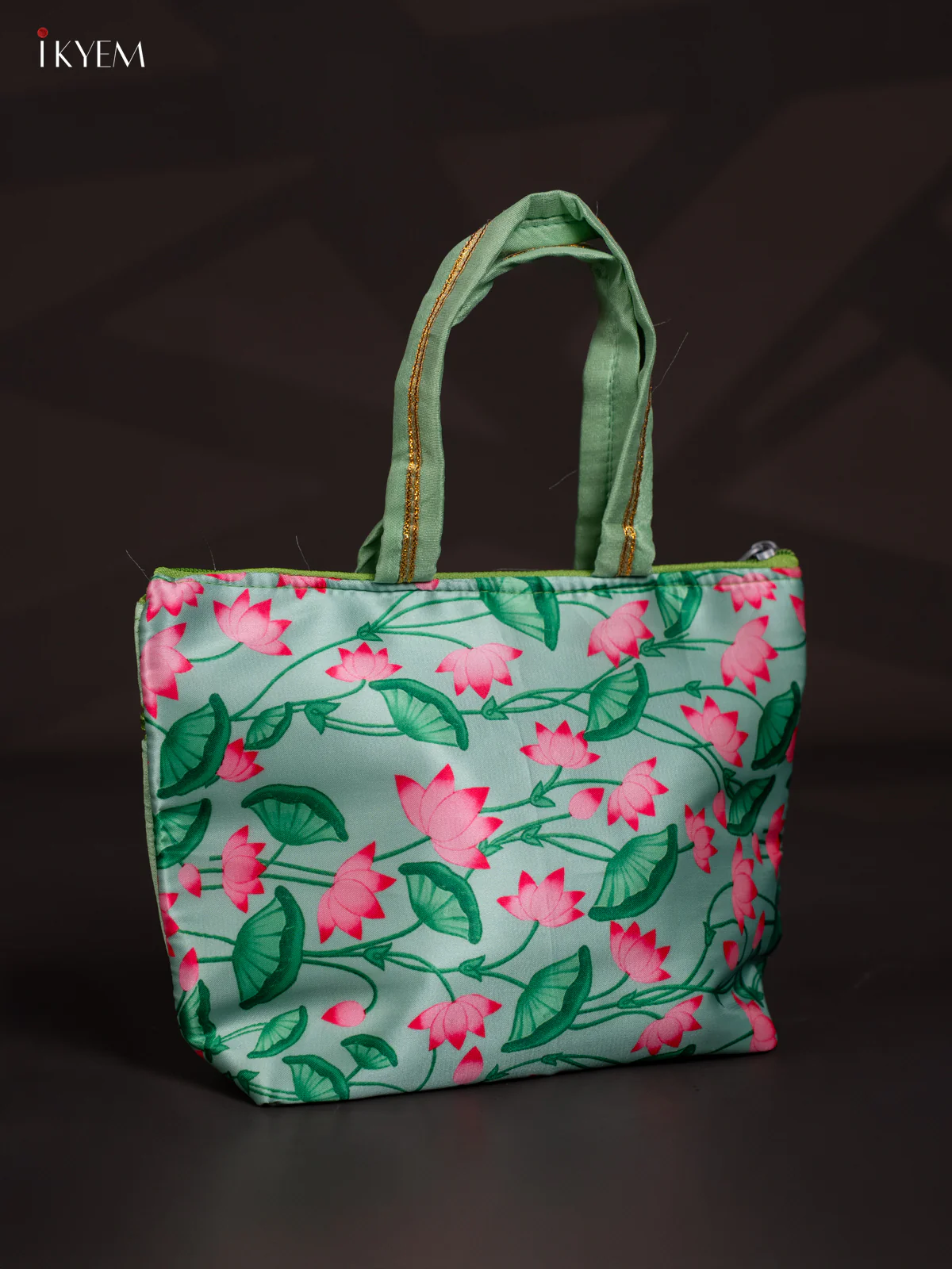 Pichwai Lotus Design Green Handbag - 7.3 Inch - KJ04153 - Image 2