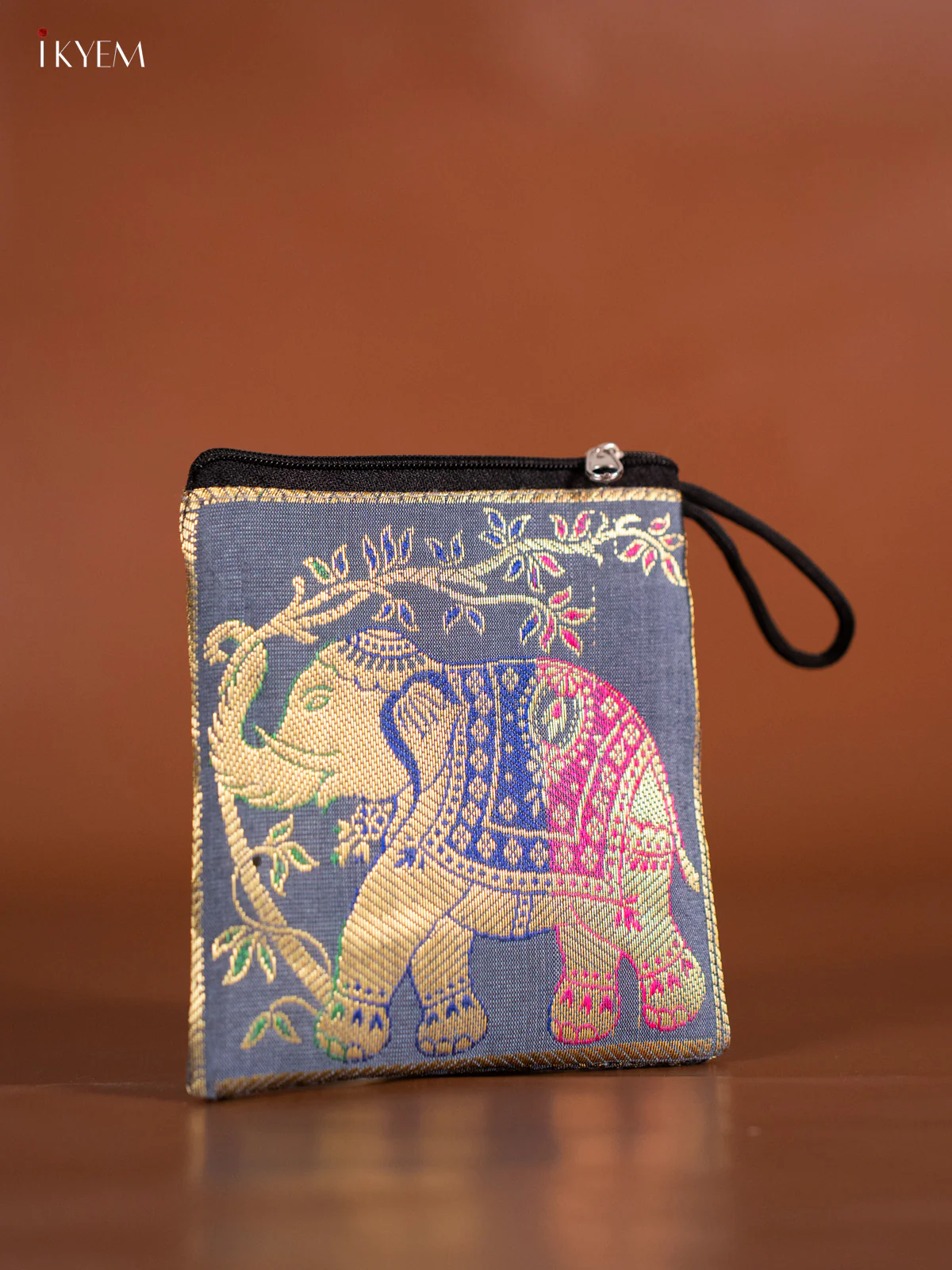 Elephant designed Banarasi Coin Pouch - Grey - KJ06130 - Image 2