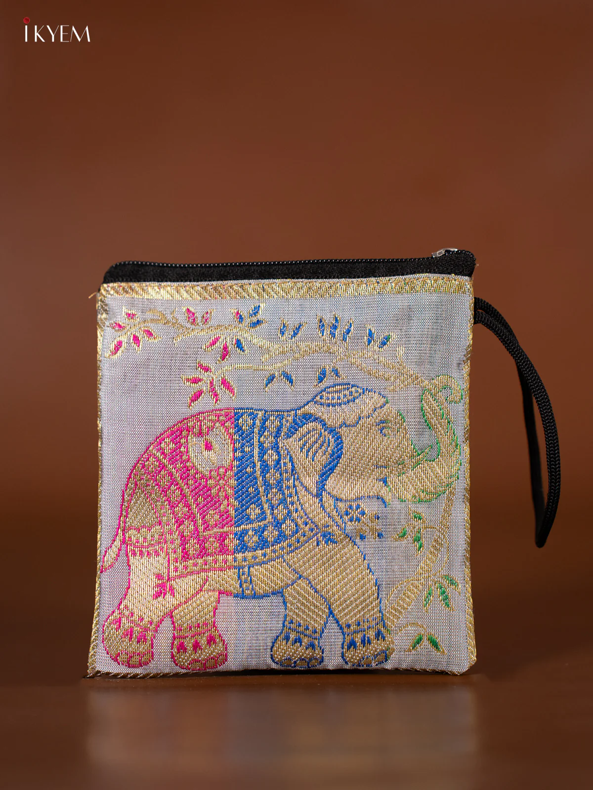 Elephant designed Banarasi Coin Pouch - Light Grey - KJ06131