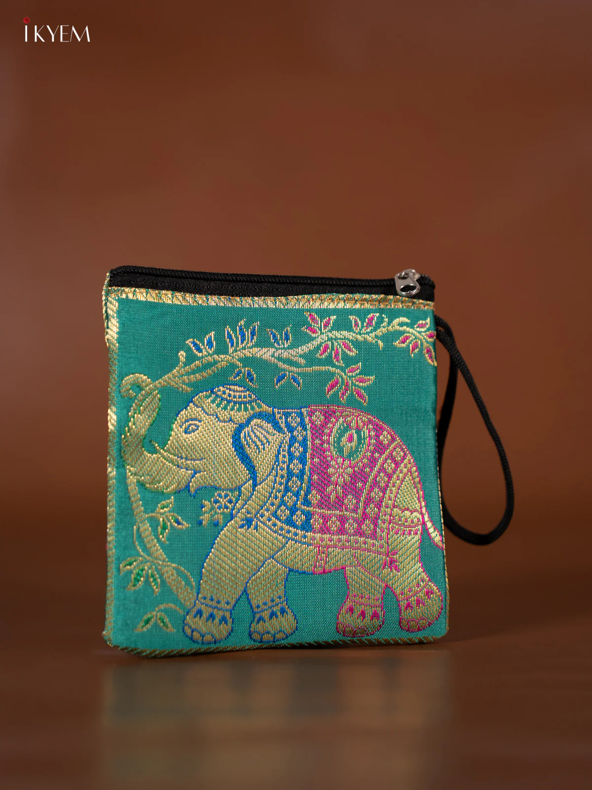 Elephant designed Banarasi Coin Pouch - Teal - KJ06132 - Image 2