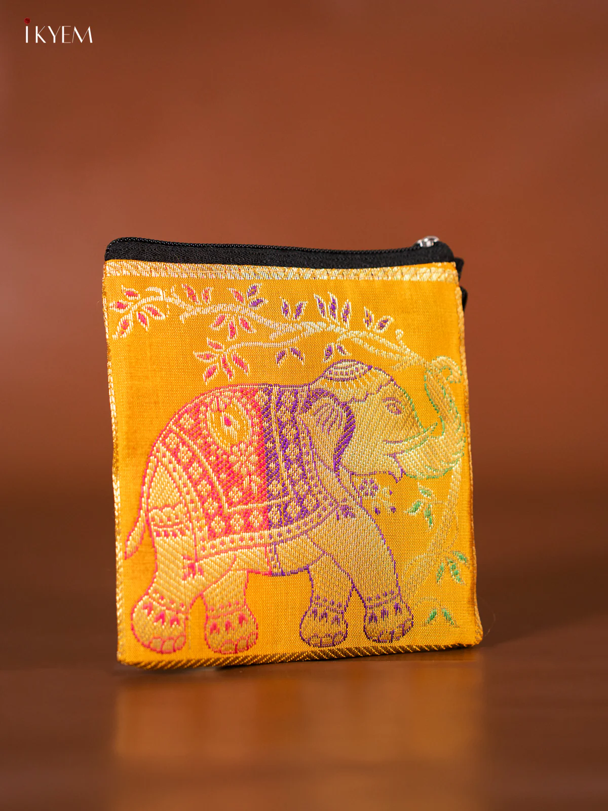 Elephant designed Banarasi Coin Pouch - Yellow - 5 Inch - KJ06133 - Image 2