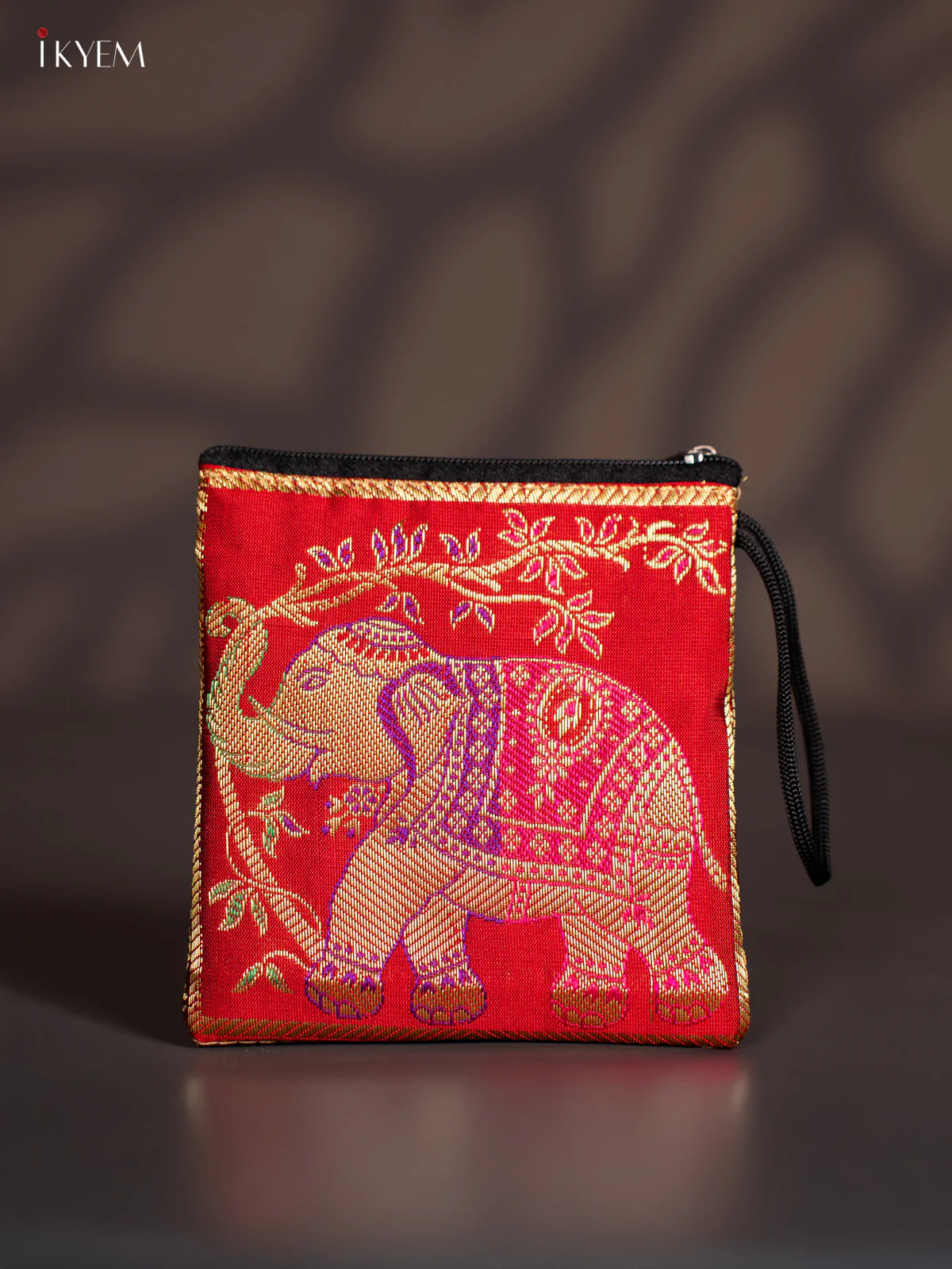 Elephant designed Banarasi Coin Pouch - Red - 5 Inch - KJ06135