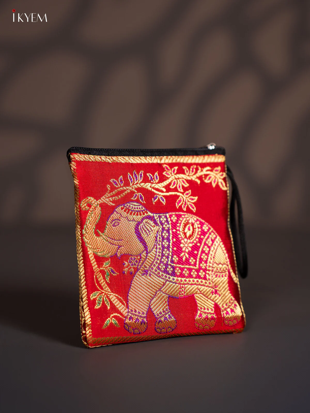Elephant designed Banarasi Coin Pouch - Red - 5 Inch - KJ06135 - Image 2