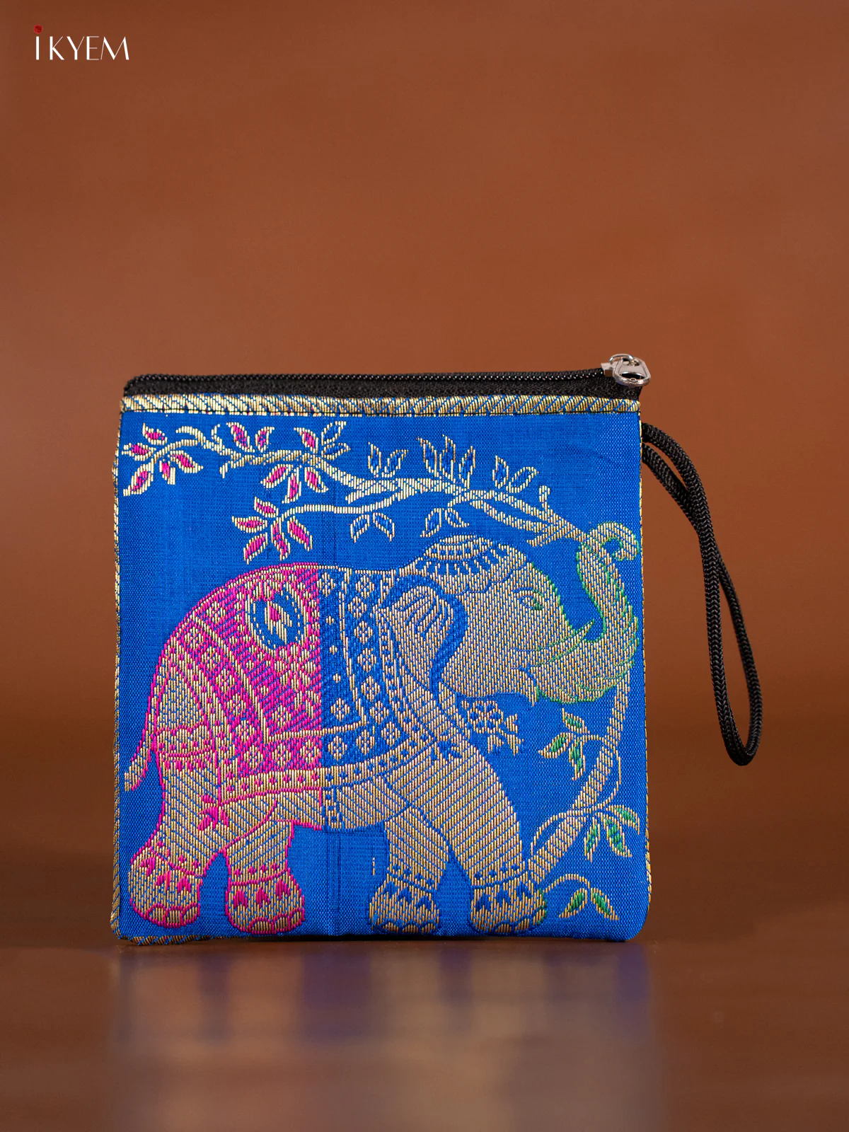 Elephant designed Banarasi Coin Pouch - Blue - 5 Inch - KJ06136