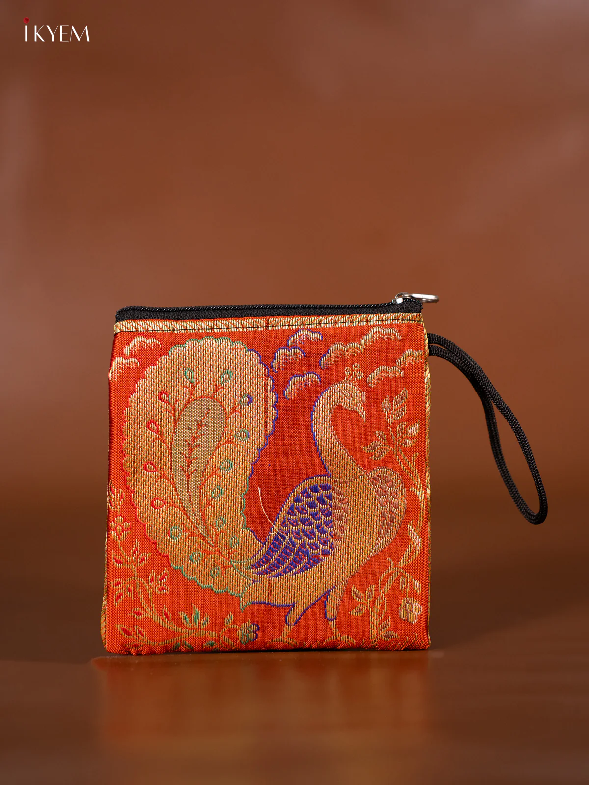 Peacock designed Banarasi Coin Pouch - Orange - KJ06150