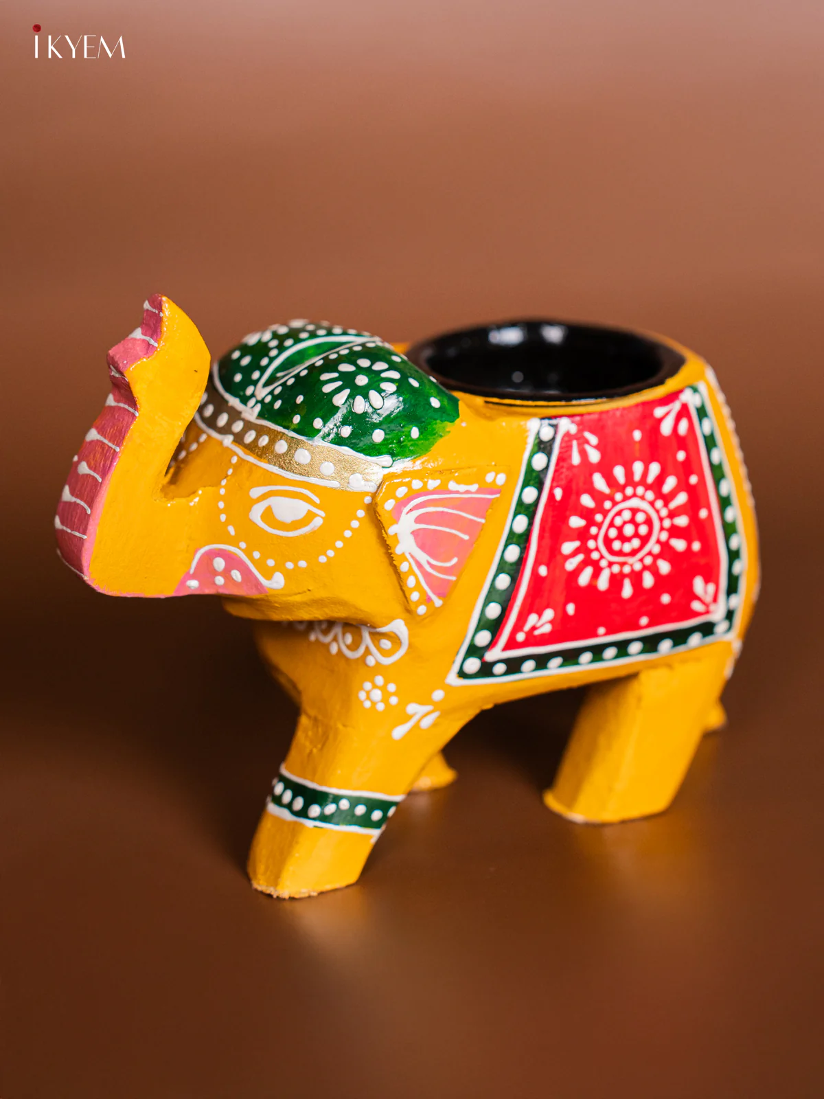 Hand-painted Wooden T- Light Elephant - Yellow - 4 Inch - KJ06182