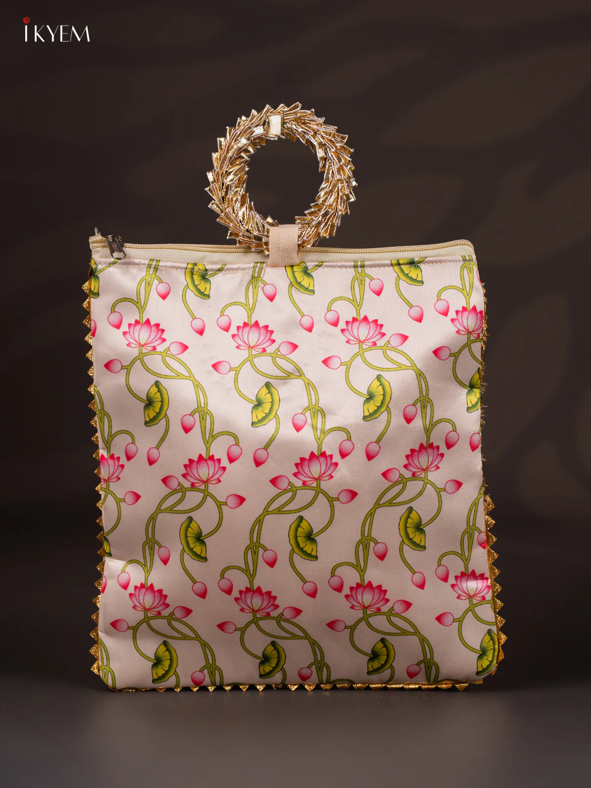 Lotus Printed Bag with Bangle Handle - White - 11 Inch - KJ11119