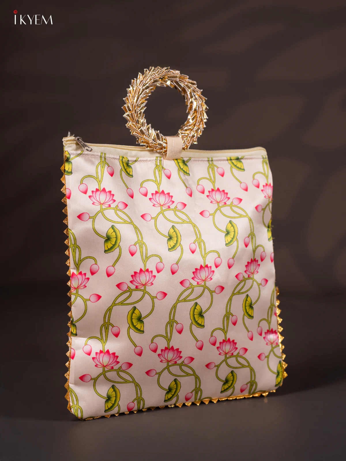 Lotus Printed Bag with Bangle Handle - White - 11 Inch - KJ11119 - Image 2
