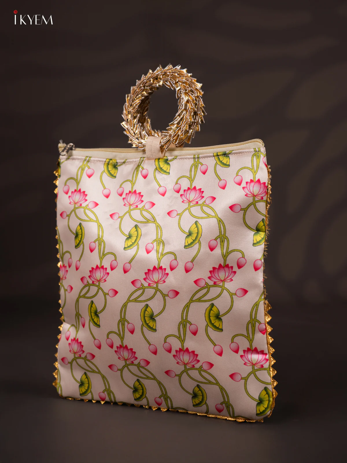 Lotus Printed Bag with Bangle Handle - White - 11 Inch - KJ11119 - Image 3