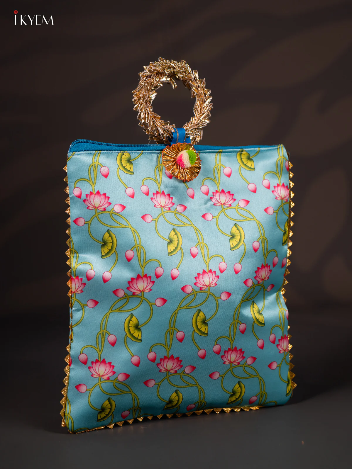 Lotus Printed Bag with Bangle Handle - Sky Blue - KJ11120 - Image 2
