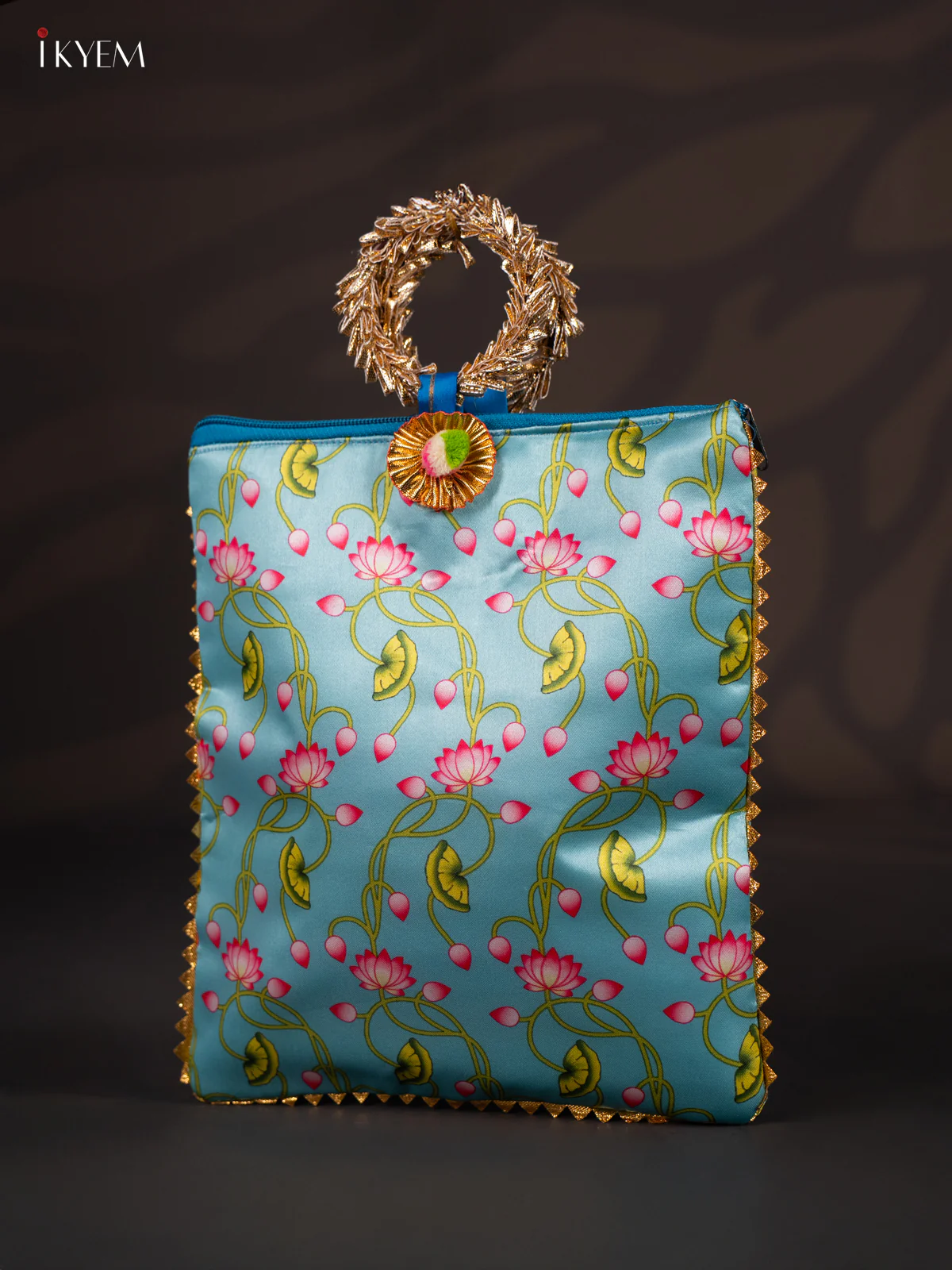 Lotus Printed Bag with Bangle Handle - Sky Blue - KJ11120 - Image 3