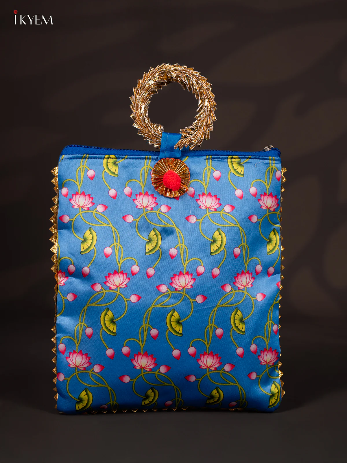 Lotus Printed Bag with Bangle Handle - Blue - 11 Inch - KJ11122