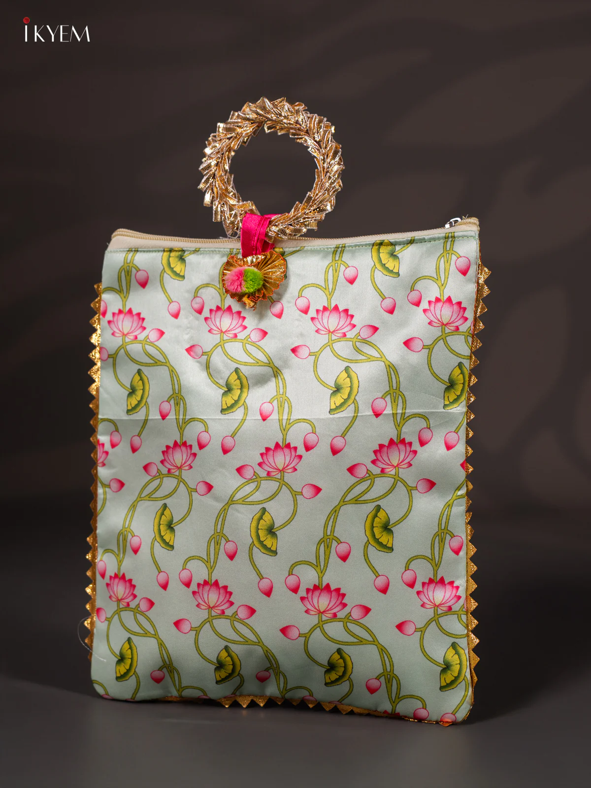 Lotus Printed Bag with Bangle Handle - Green - 11 Inch - KJ11123 - Image 3
