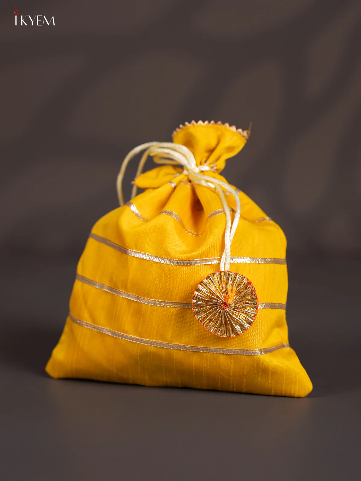 Yellow Organza Potli Bag writh Striped lace - 9 Inch - KJ11129 - Image 3