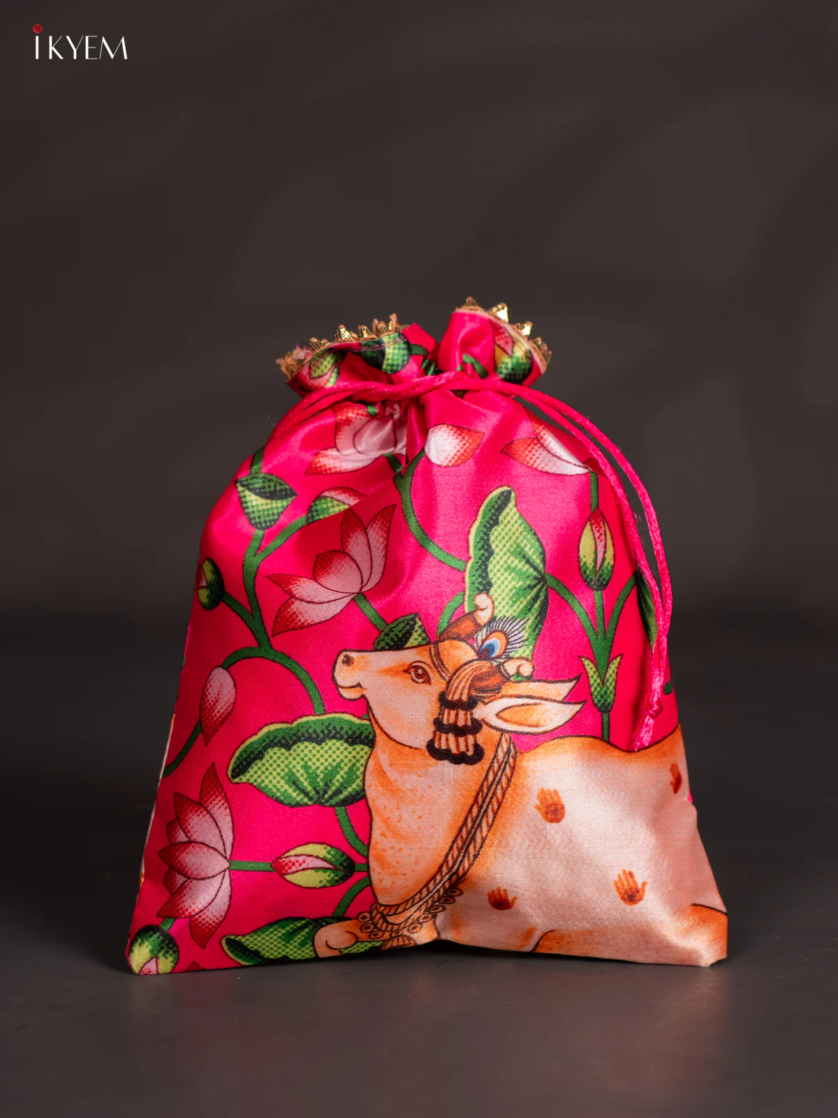 Cow & Lotus Potli Bag - Pink - KJ11152