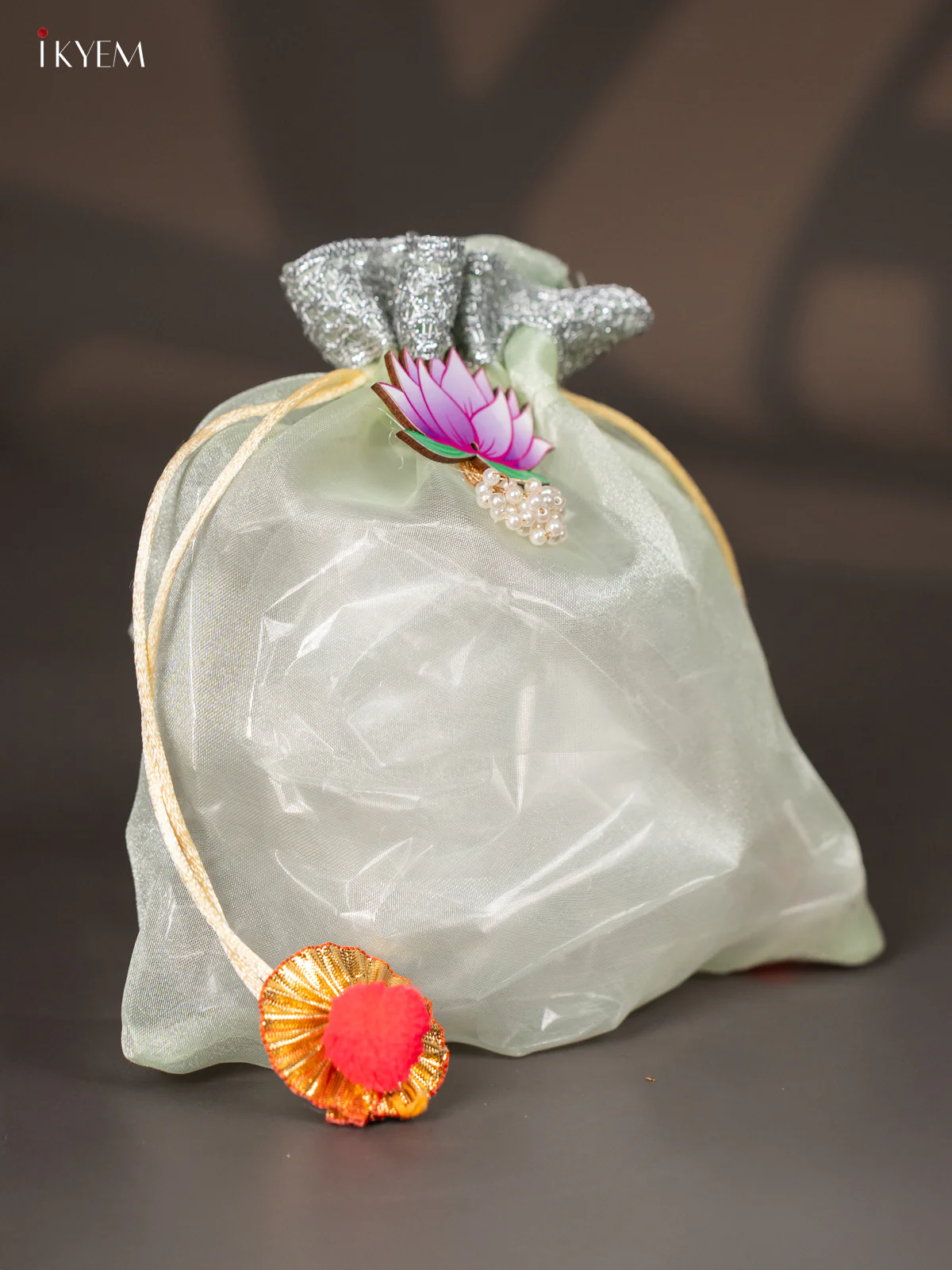 Organza Potli Bag with Lotus - Green - 8 Inch - KJ11157 - Image 2