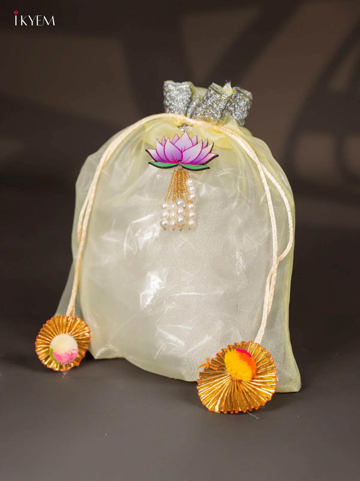 Organza Potli Bag with Lotus - Lime Yellow - 8 Inch - KJ11160 - Image 2