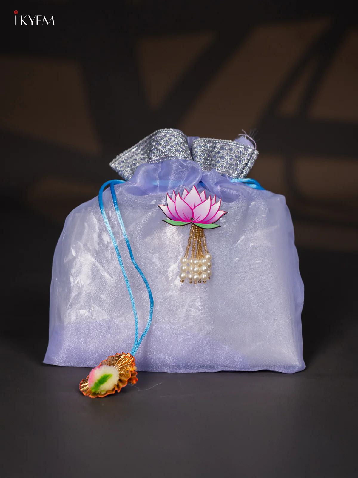 Organza Potli Bag with Lotus - Voilet - 8 Inch - KJ11161