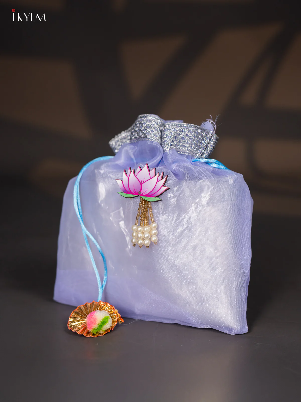 Organza Potli Bag with Lotus - Voilet - 8 Inch - KJ11161 - Image 2