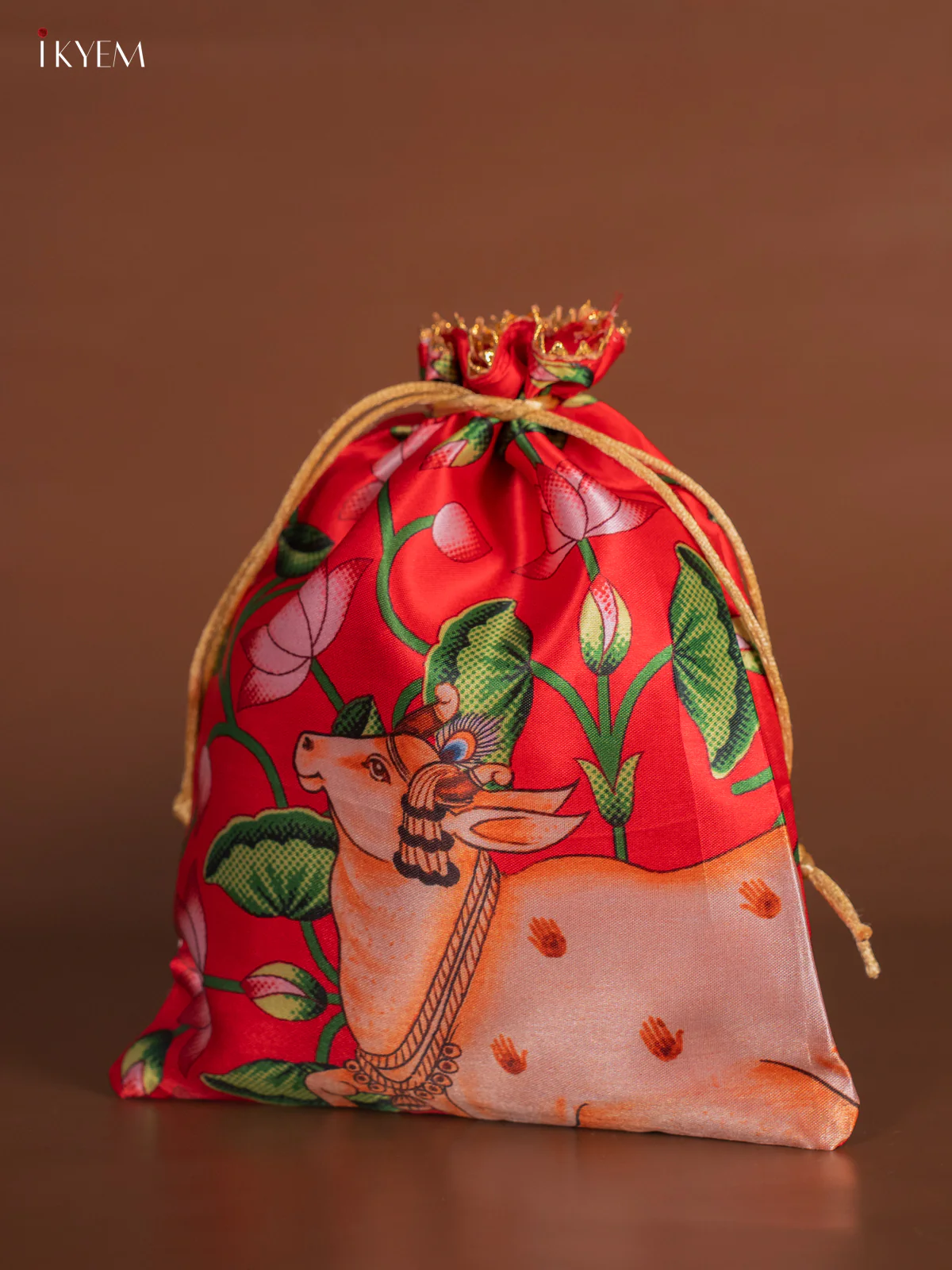Cow & Red Lotus Potli Bag - Red - KJ11175 - Image 3