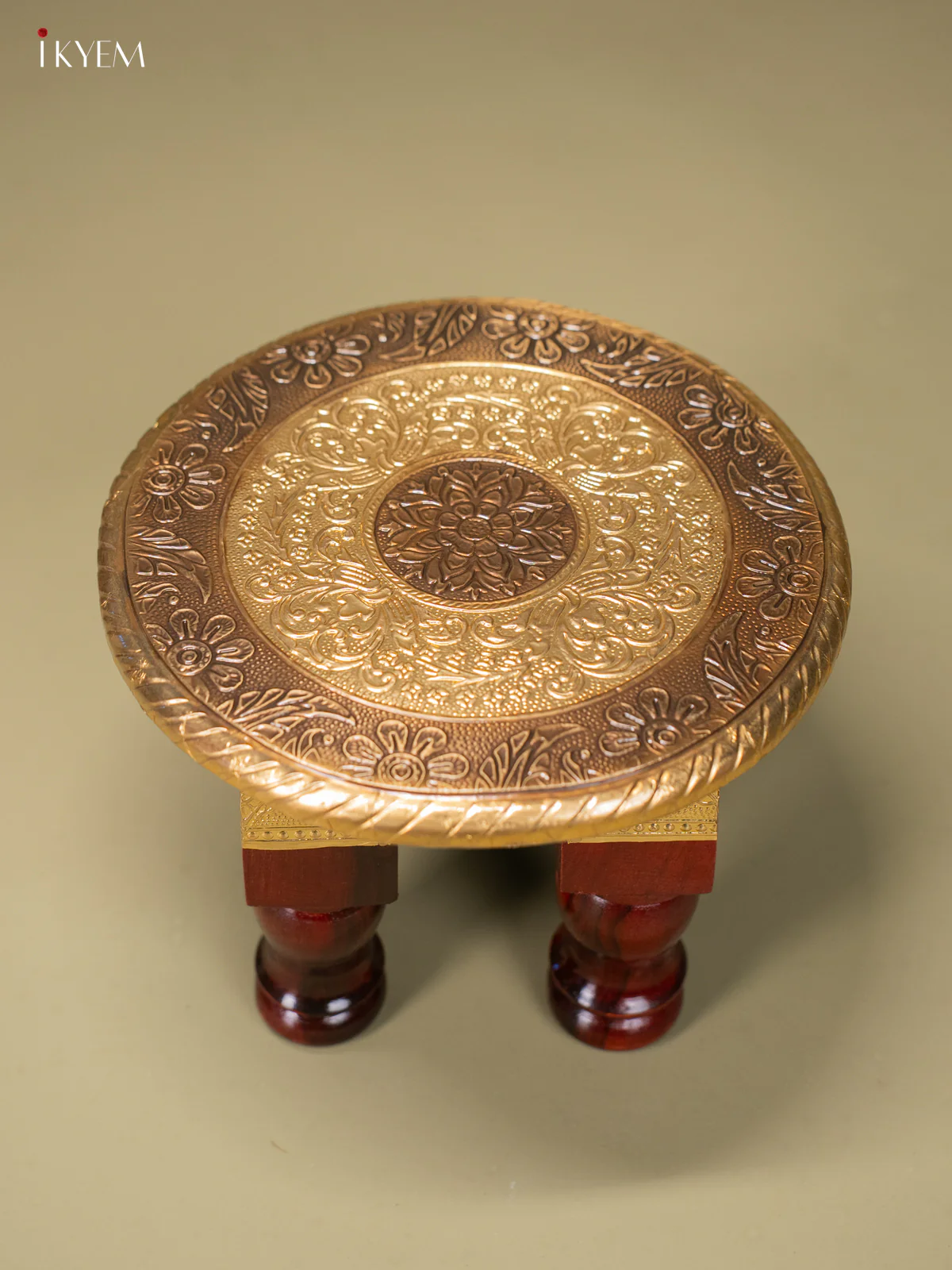 Floral Brass Fitted Round Wooden Stool - 8 Inches - KJ13111