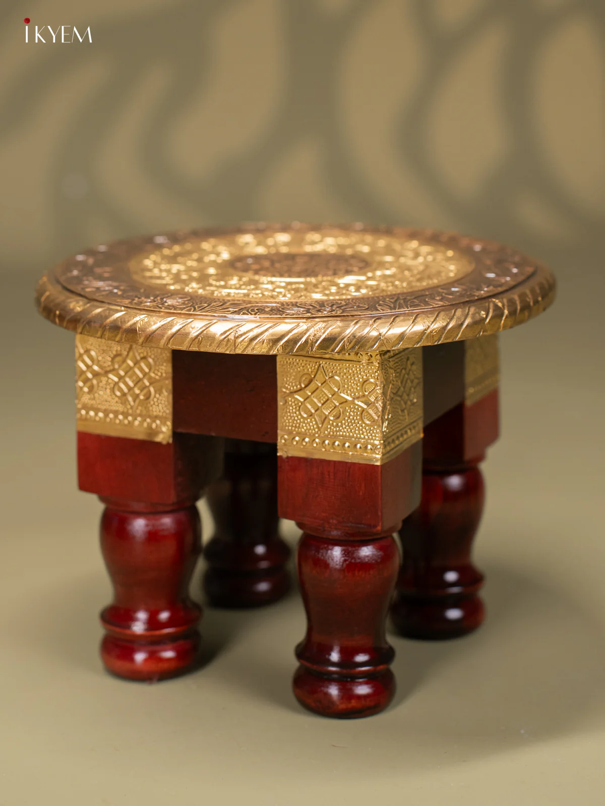 Floral Brass Fitted Round Wooden Stool - 8 Inches - KJ13111 - Image 2