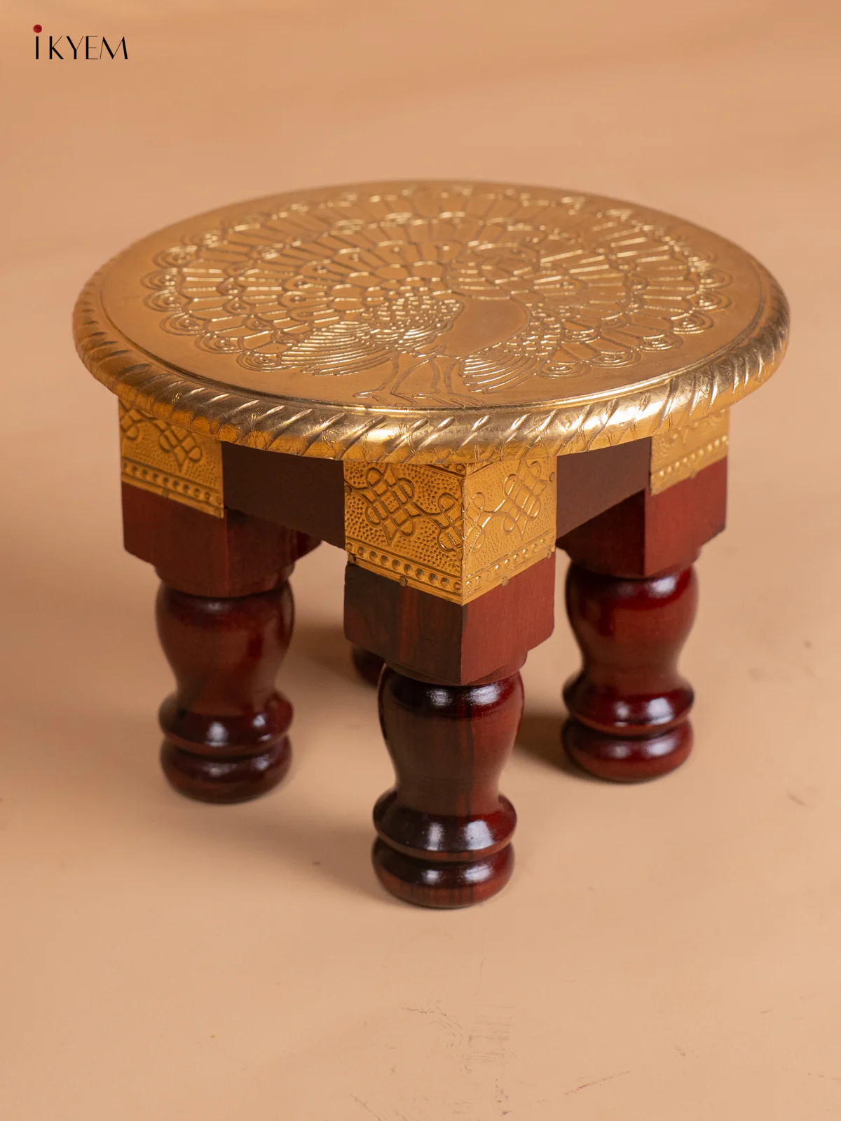 Peacock Design Brass Fitted Round Wooden Stool - 8 Inches - KJ13112 - Image 2
