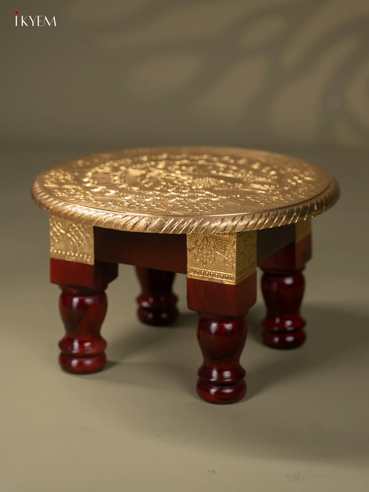 Peacock Design Brass Fitted Round Wooden Stool - 10 Inches - KJ13113