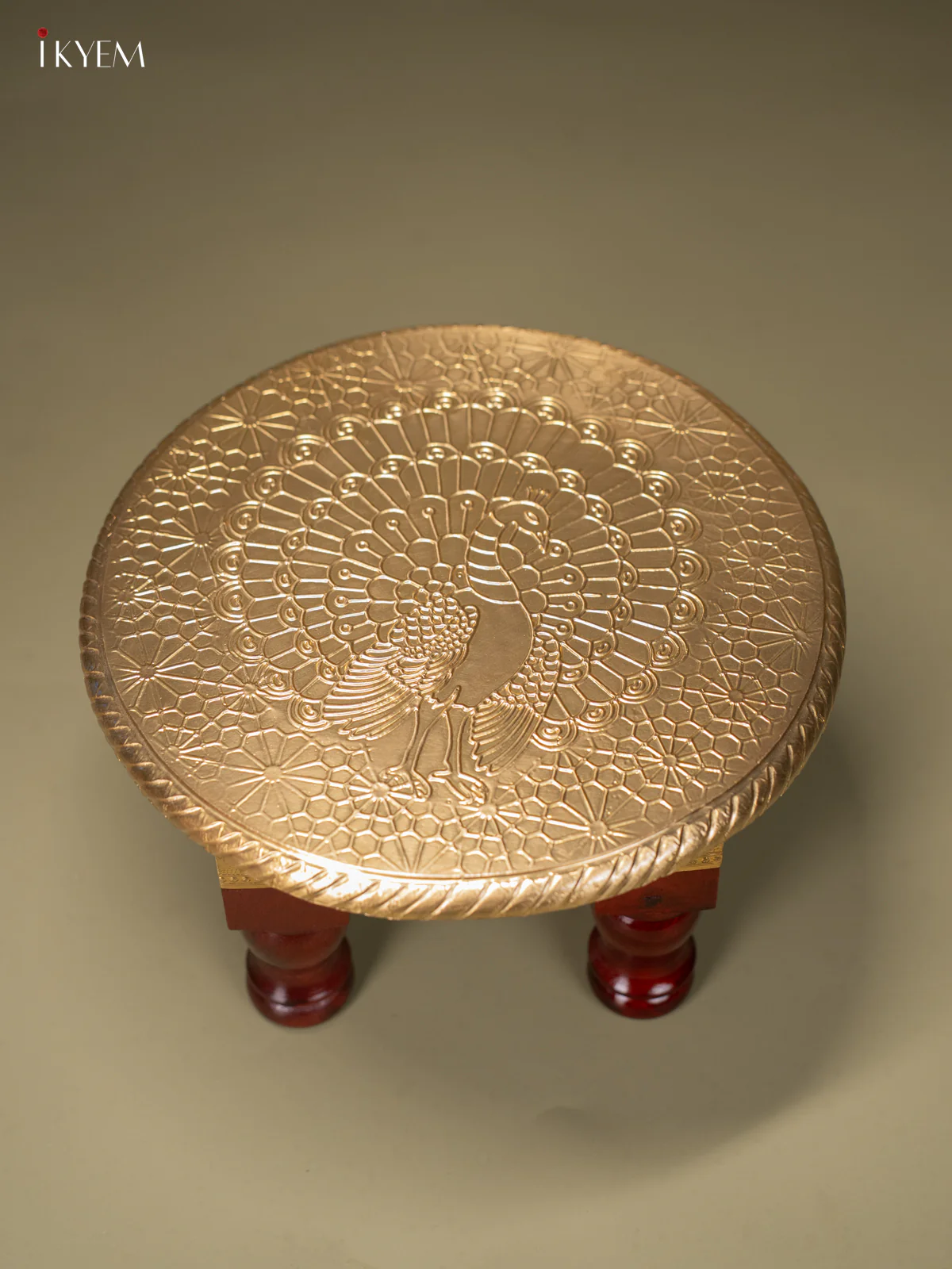 Peacock Design Brass Fitted Round Wooden Stool - 10 Inches - KJ13113 - Image 2