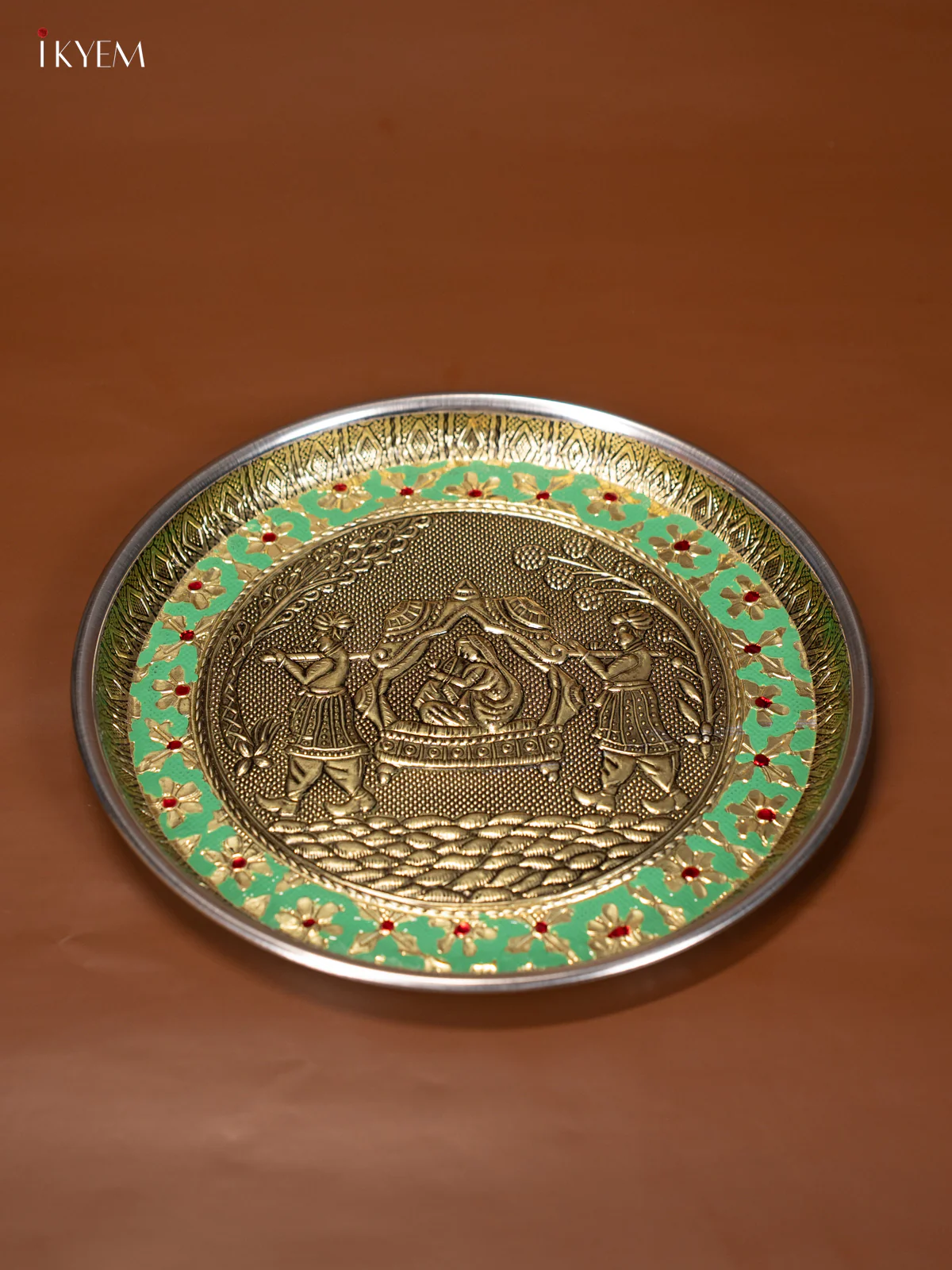 Green Meenakari Plate with Oxidized Pallakku Design - 8 Inches - KJ17112 - Image 3