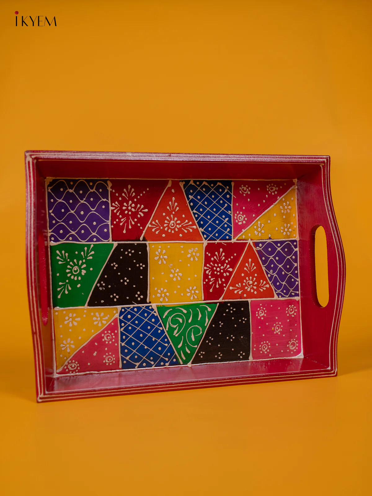 Hand Painted Rajasthan Art Wooden Tray - Red - KJ17117 - Image 3