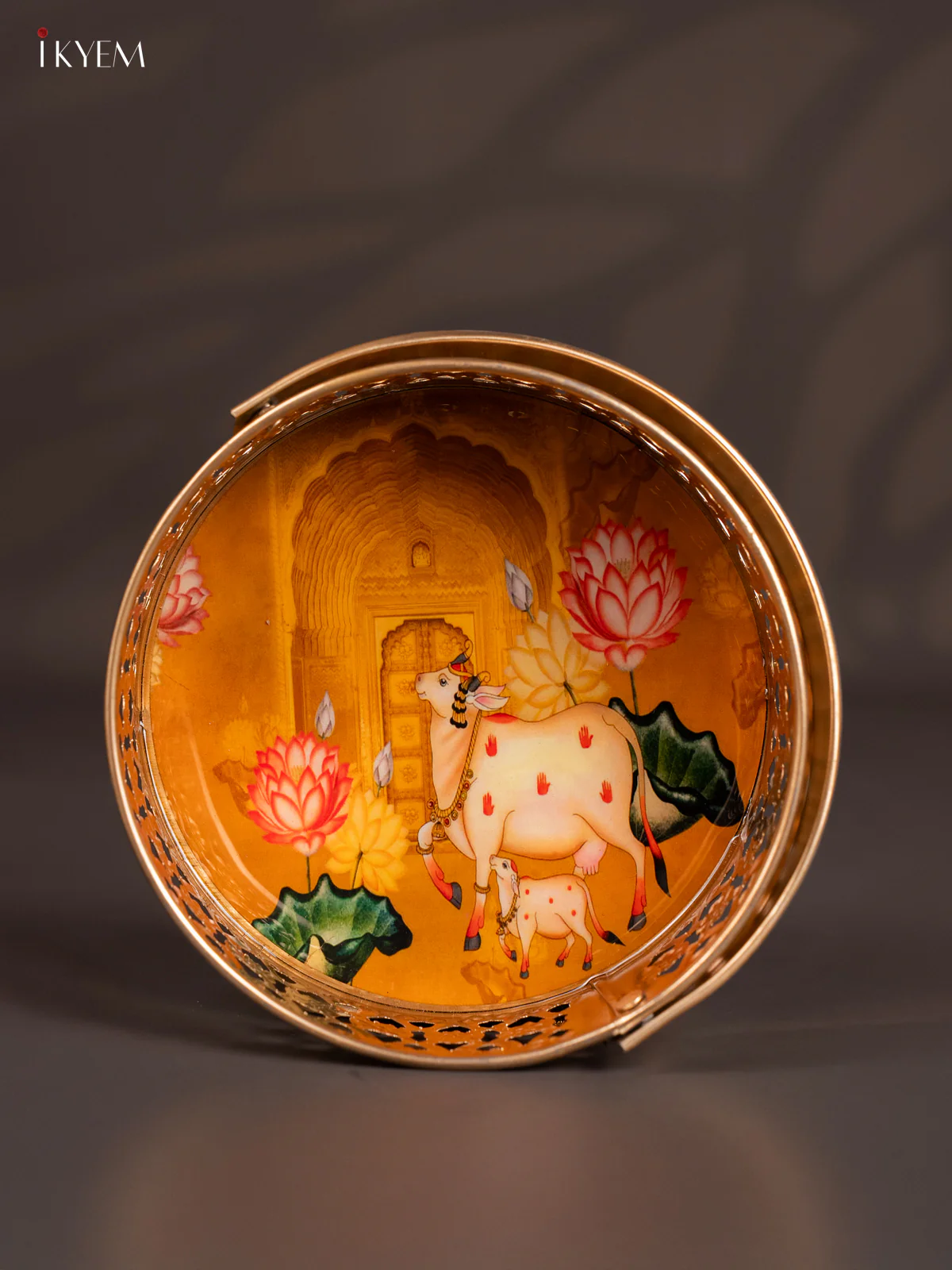 Pichwai Cow & Calf Digital Printed Metal Flower Basket - Yellow - 6 Inch - KJ18141 - Image 3
