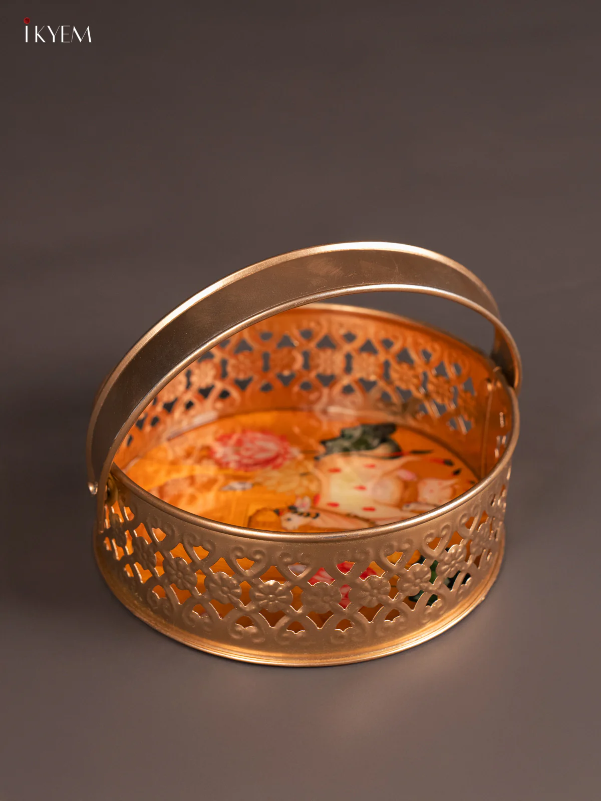 Pichwai Cow & Calf Digital Printed Metal Flower Basket - Yellow - 6 Inch - KJ18141 - Image 4