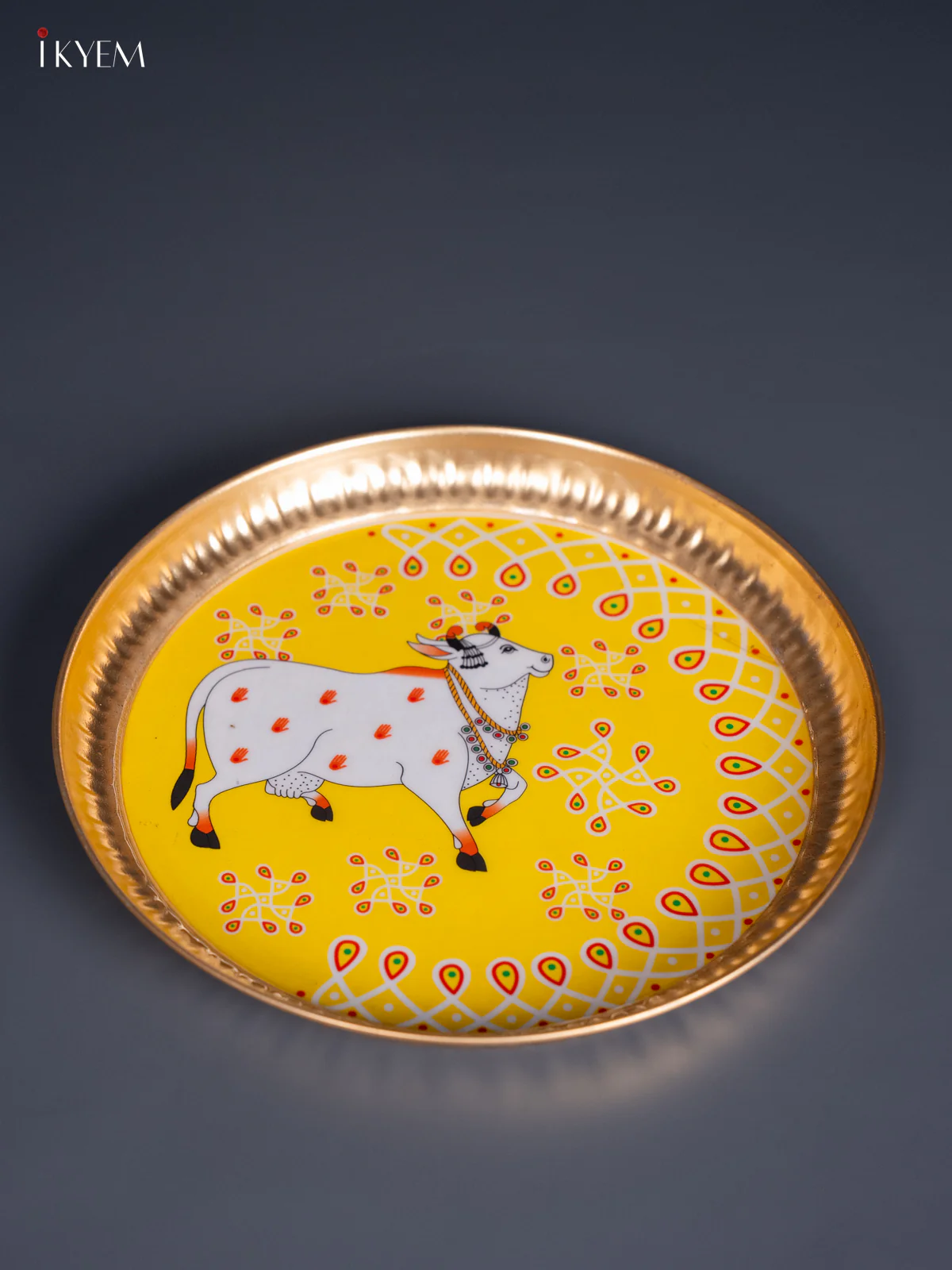 Cow & Kolam Digital Printed Metal Plate - Yellow - KJ21122 - Image 2