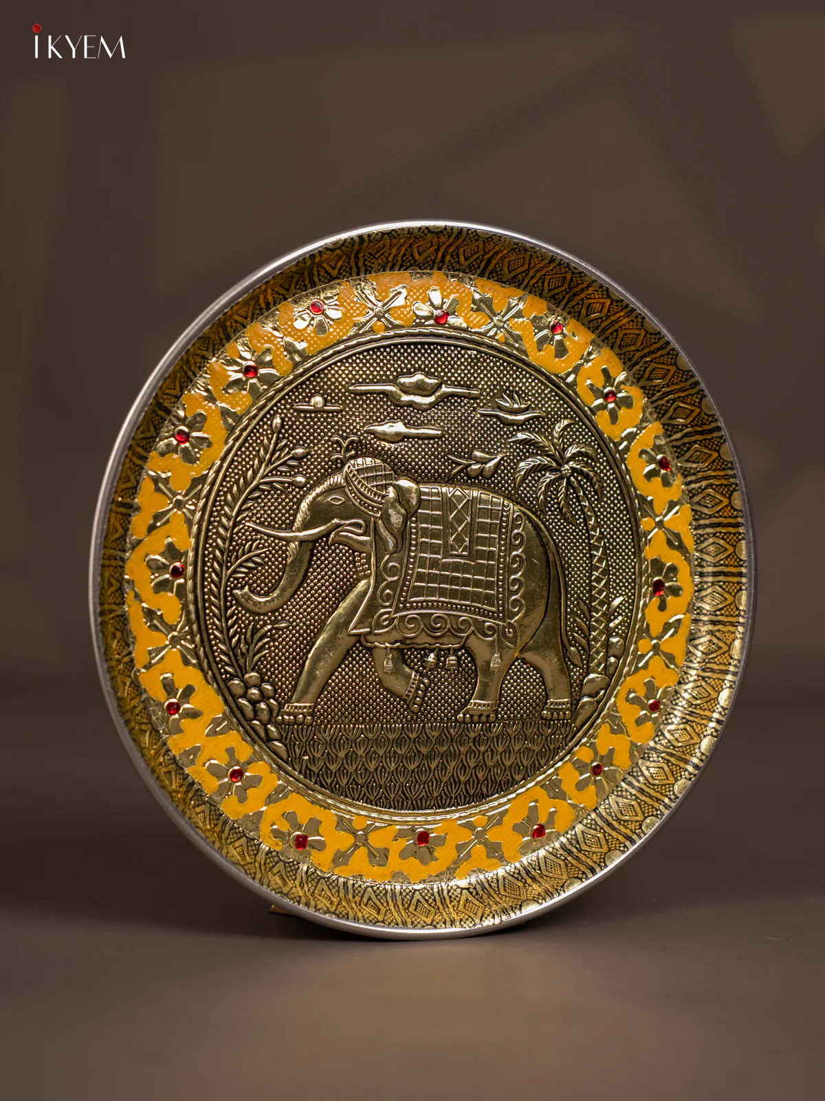 Yellow Meenakari Plate with Oxidized Elephant Design - 8 Inches - KJ27123 - Image 2