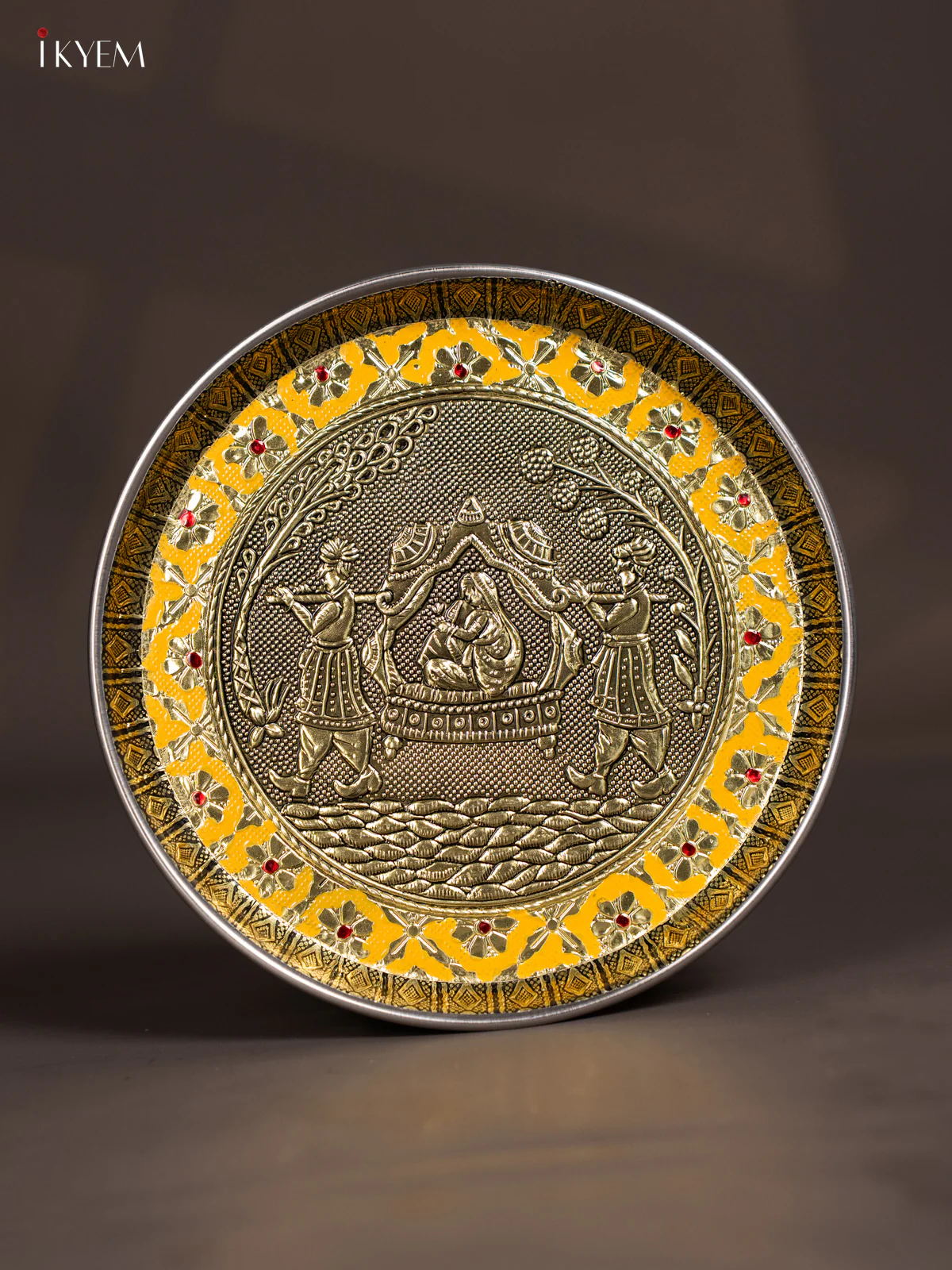Yellow Meenakari Plate with Oxidized Pallakku Design - 8 Inches - KJ27124