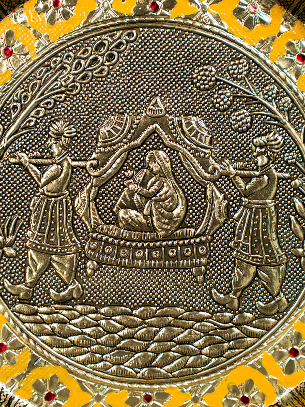Yellow Meenakari Plate with Oxidized Pallakku Design - 8 Inches - KJ27124 - Image 2