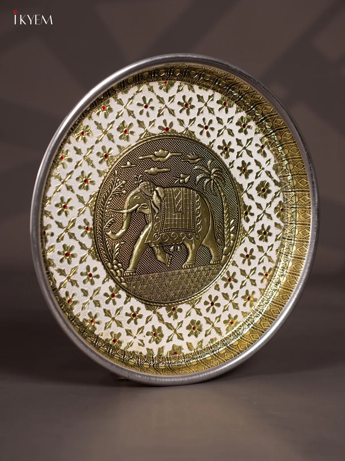 White Meenakari Plate with Oxidized Elephant Design - 11 Inch - KJ27125 - Image 2