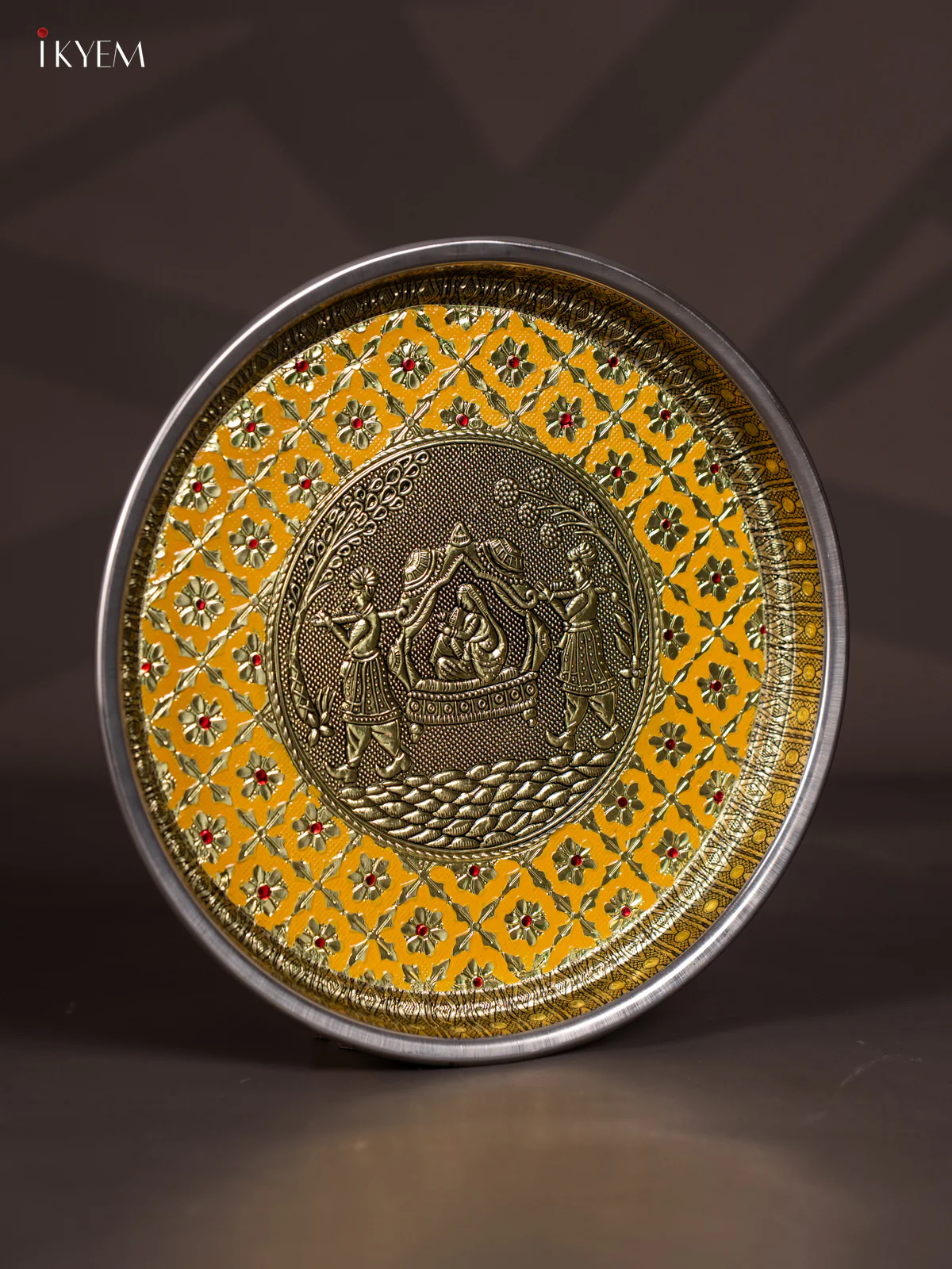 Yellow Meenakari Plate with Oxidized Pallakku Design - 11 Inch - KJ27129 - Image 2