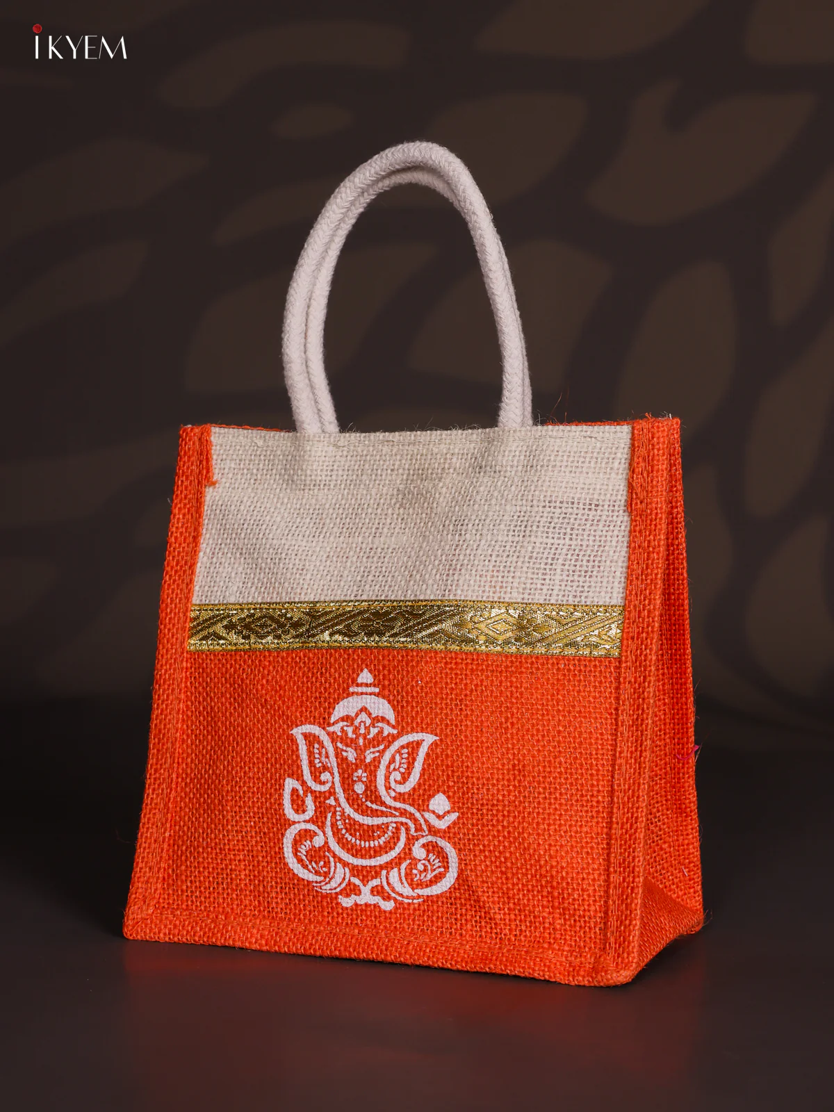 Orange & Beige Ganesha Printed Jute Bag with Zari border - 8 Inch - KJ30115 - Image 2