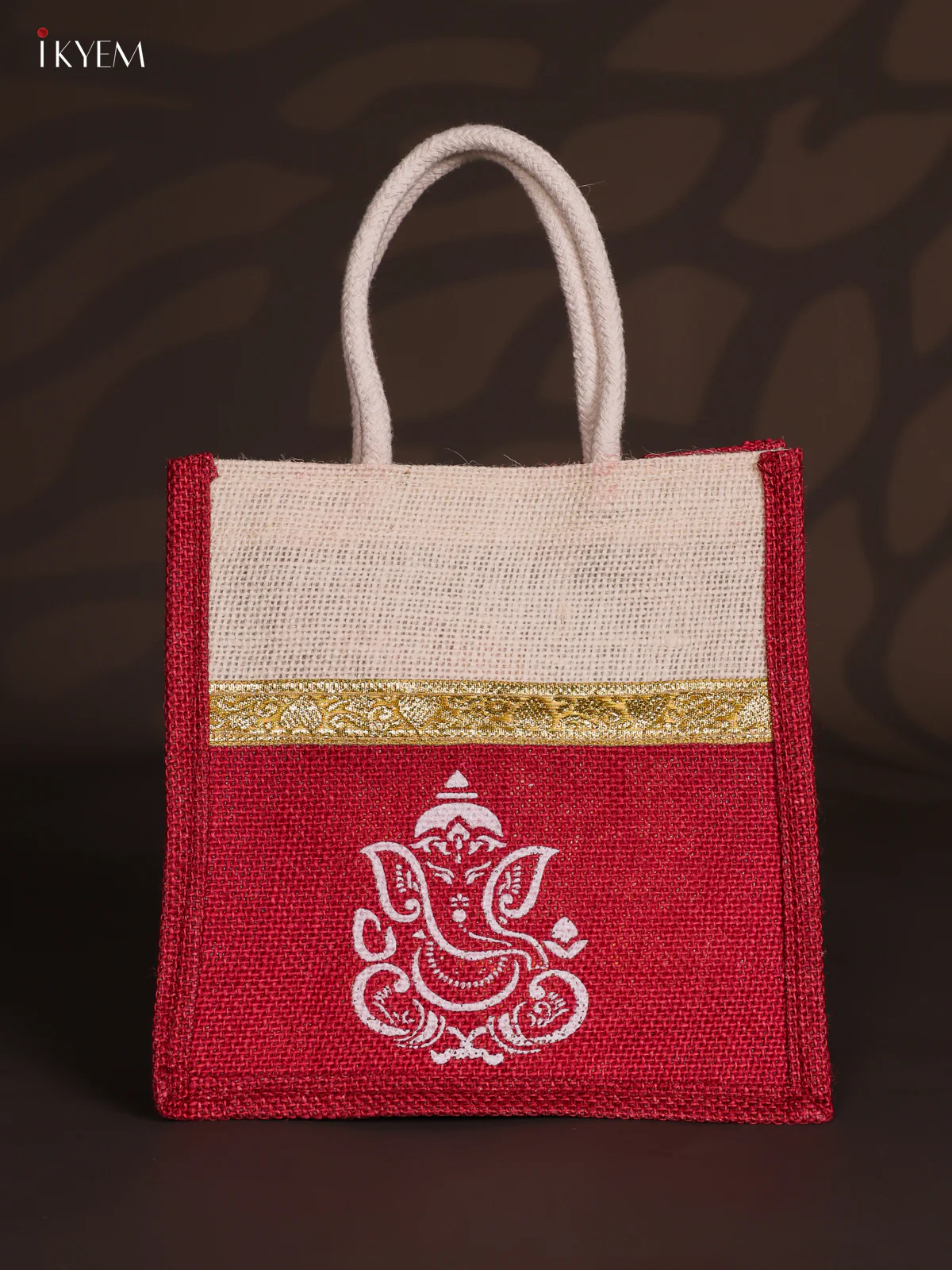 Maroon & Beige Ganesha Printed Jute Bag with Zari border - 8 Inch - KJ30116