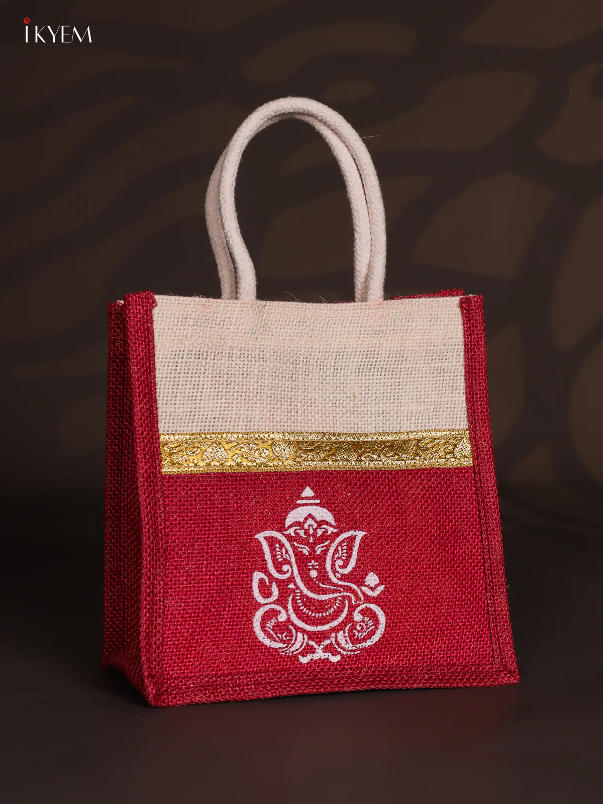 Maroon & Beige Ganesha Printed Jute Bag with Zari border - 8 Inch - KJ30116 - Image 3