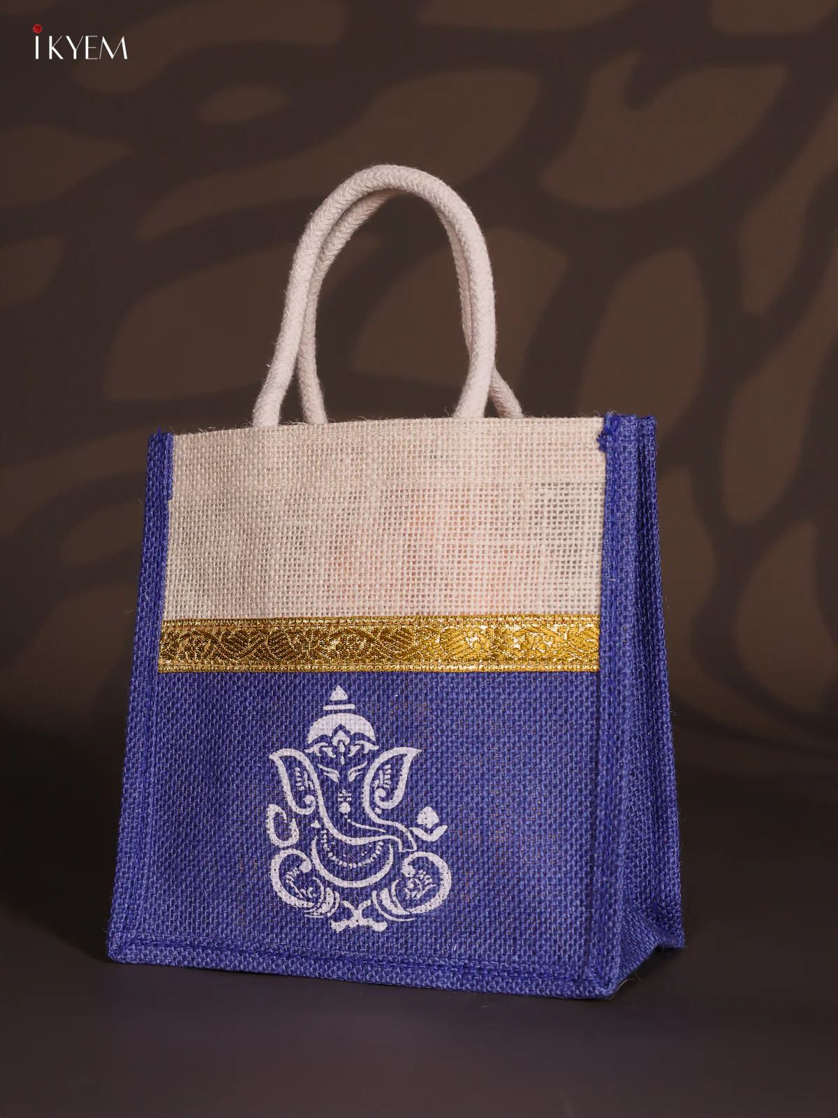 Blue & Beige Ganesha Printed Jute Bag with Zari border - 8 Inch - KJ30117 - Image 3