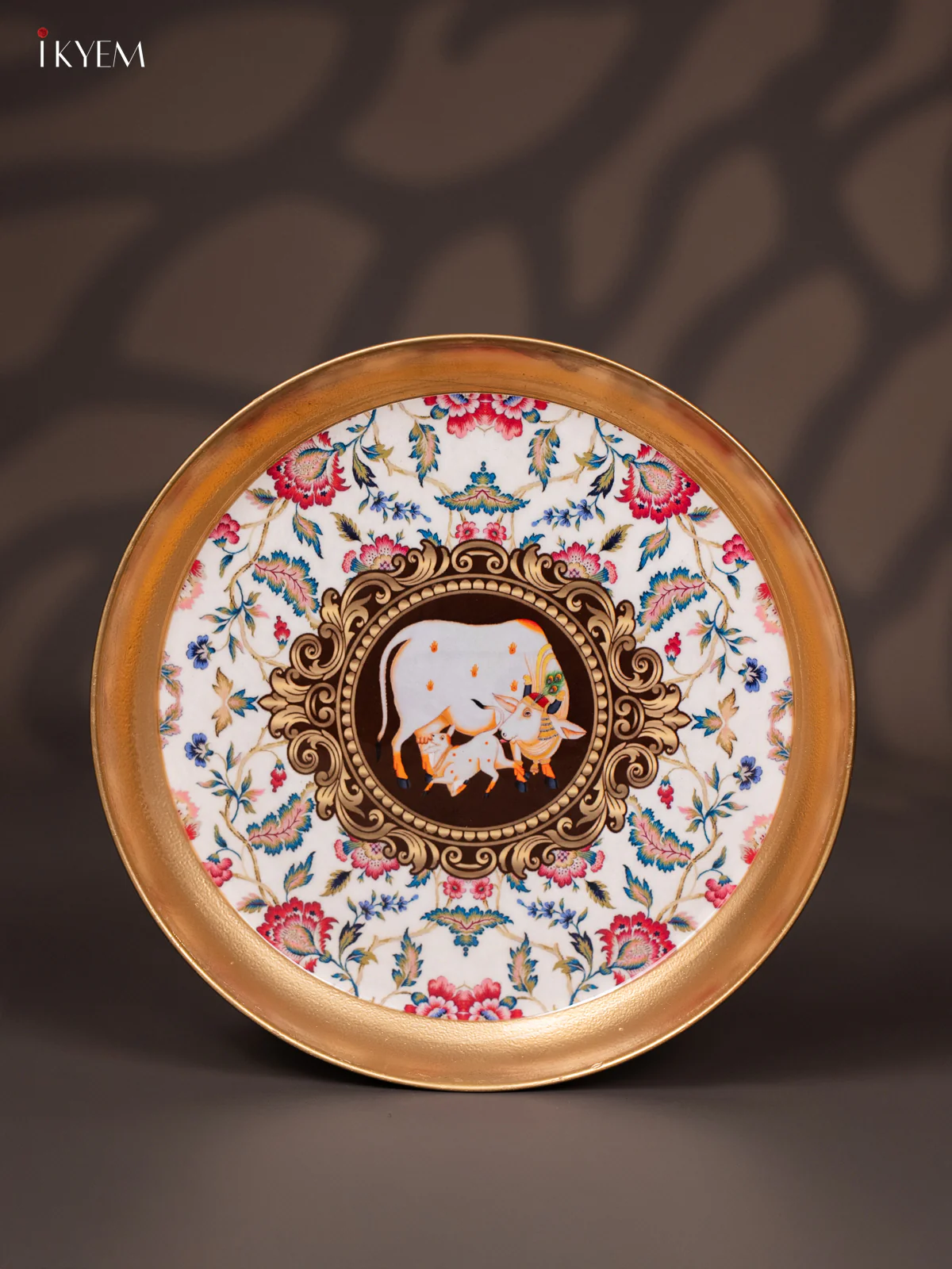 Cow & Calf Printed White Brass Coated Plate - 8 inches - KJ30147