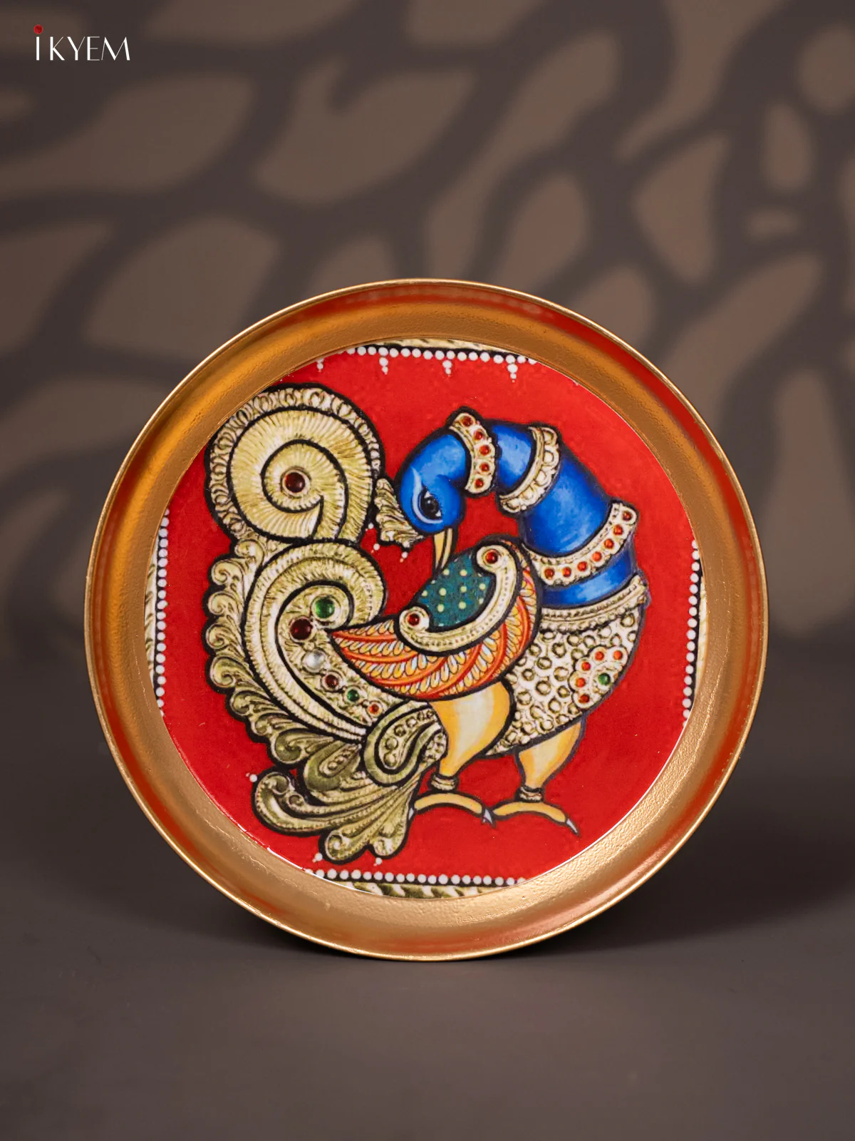 Peacock Printed Red Brass Coated Plate- 8 Inches - KJ30148