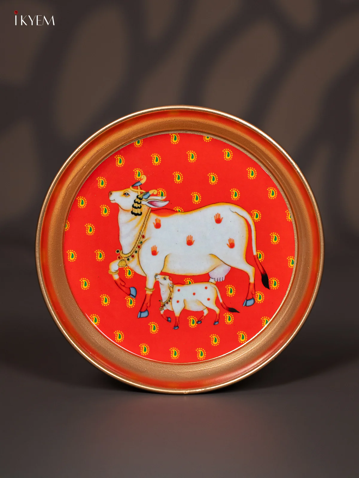 Cow & Calf Printed Red Brass Coated Plate - 6 Inches - KJ30149