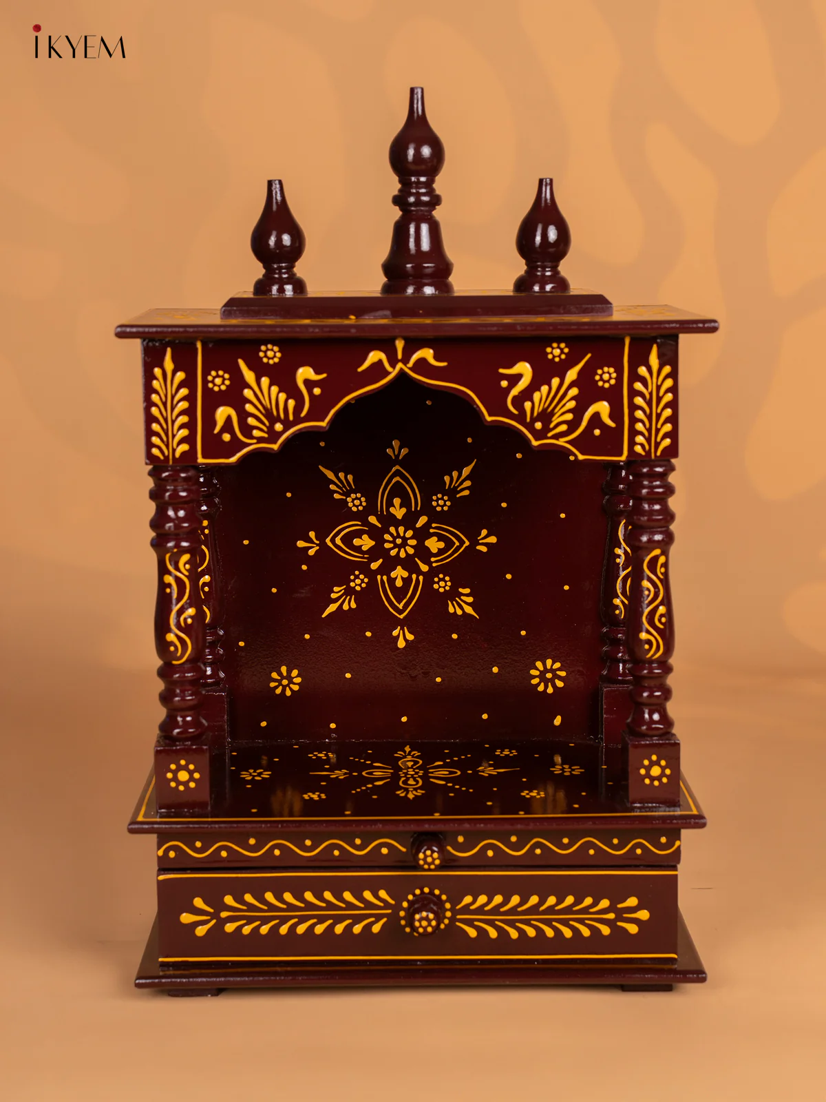 Hand-Painted Wooden Pooja Mandapam with Drawer - Coffee Brown - 19 Inches - KJ31142