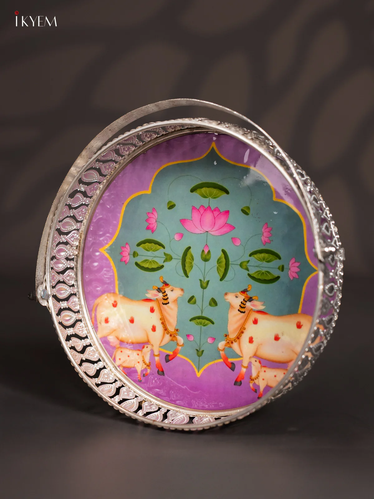 Cow Digital Printed German Silver Tray With Handle - Lavander - 8 Inch - KJ31202 - Image 3