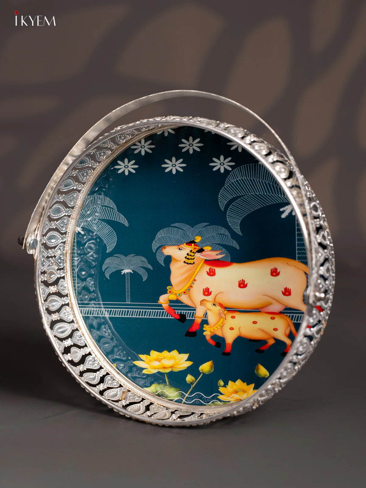 Cow&calf Digital Printed German Silver Tray With Handle - Dark blue - 8 Inch - KJ31205 - Image 3